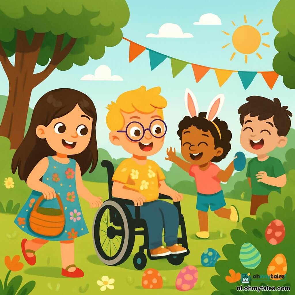 Er zijn 4 kinderen: Emma, een 7-jarig meisje met lang bruin haar en sprankelende ogen, draagt een mooie jurk met kleurrijke bloemen en glimlacht vrolijk terwijl ze een klein mandje vasthoudt. Finn is een 8-jarige jongen in een rolstoel, met blond haar en een bril, die een gele t-shirt met konijnenmotieven draagt en opgewonden naar de gekleurde eieren kijkt. Noor, een 6-jarig meisje met krullend haar en papieren konijnenoren op haar hoofd, draagt een roze t-shirt en een blauwe short, springt van blijdschap terwijl ze naar een ei wijst dat onder een struik verstopt is. Sam, een 7-jarige jongen met rommelig bruin haar, draagt een groene t-shirt en een oranje short, staat lachend met een blauw ei dat hij achter een boom heeft gevonden. De locatie is een zonnige tuin vol met stralende bloemen en weelderig groen. Gekleurde papieren slingers wapperen tussen de bomen en de multicolore paaseieren liggen verspreid in het groene gras, schitterend in de zon. De kinderen zijn bezig met een eierjacht, lachend en spelend samen. Emma en Finn staan in het midden, terwijl Noor en Sam de struiken verkennen, allemaal glimlachend en vol energie.