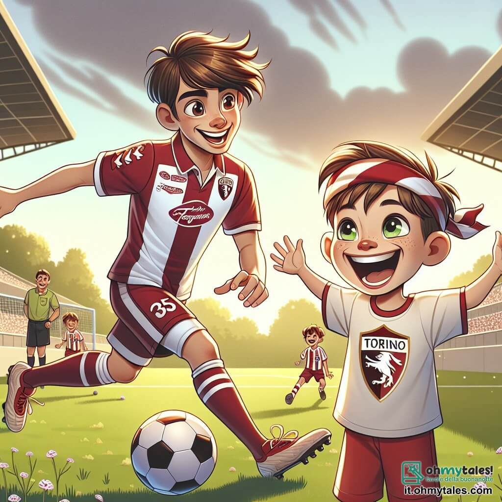 Un uomo, Marco, un calciatore professionista, è al centro dell'immagine, con un'espressione di determinazione e gioia sul volto. Indossa una maglia rossa e bianca, ha i capelli castani in disordine e gli occhi brillanti di entusiasmo. Marco sta passando il pallone a un giovane ragazzo. Accanto a lui, Davide, un ragazzo di dieci anni, è in piedi con un ampio sorriso, indossando una maglietta del FC Torino e un bandana rosso e bianco. Si sta preparando a ricevere il pallone, con le braccia aperte e gli occhi scintillanti di eccitazione. Lo scenario è un campo da calcio verde, illuminato dalla luce dorata del sole al tramonto, con gradinate vuote sullo sfondo e alberi in fiore che circondano il campo. La scena principale mostra Marco e Davide durante un allenamento, scambiandosi passaggi e ridendo insieme, illustrando la passione per il calcio e l'amicizia che si sviluppa tra loro.
