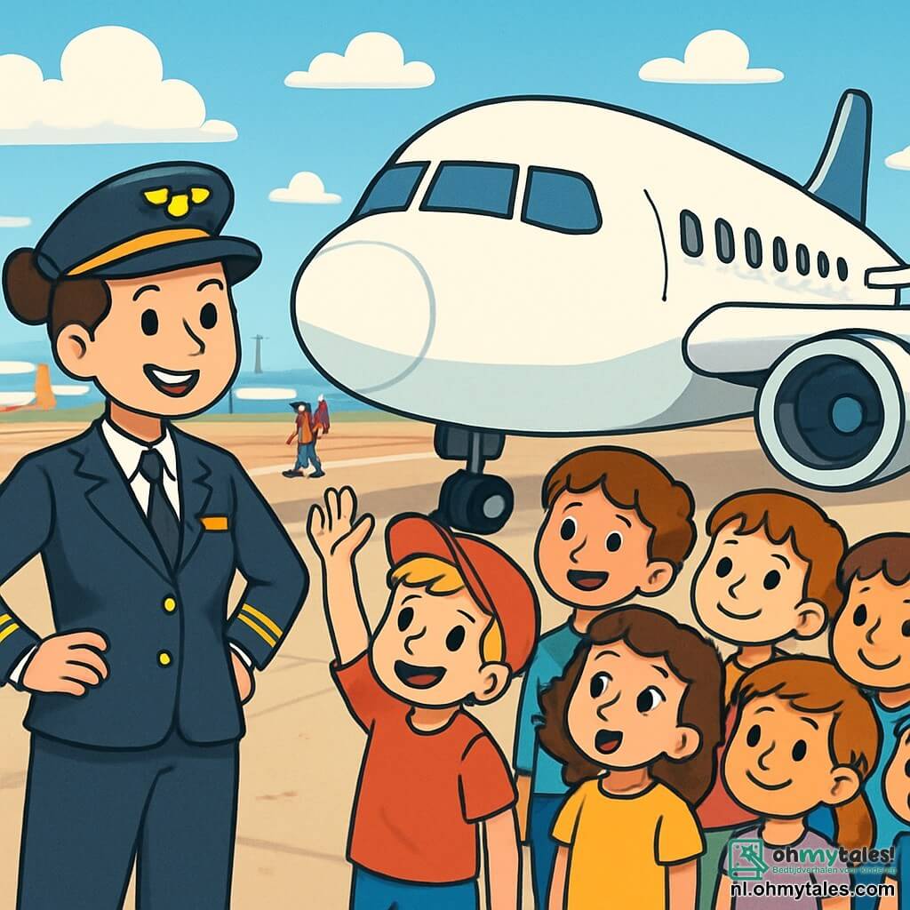 Een glimlachende vrouwelijke piloot met bruin haar in een knot en een marineblauw uniform staat trots naast haar grote witte vliegtuig op de tarmac. Haar ogen stralen van opwinding en trots. Naast haar staat een groep van tien kinderen, tussen de 7 en 10 jaar oud, met verwonderde gezichten. Een jongen met blond haar en een rode pet steekt enthousiast zijn hand op, terwijl een meisje met krullend bruin haar en een gele t-shirt met grote ogen naar het vliegtuig kijkt. De locatie is een drukke luchthaven, met vliegtuigen op de achtergrond, witte wolken in een stralend blauwe lucht en mensen die over de tarmac bewegen. De piloot legt de kinderen de verschillende delen van het vliegtuig uit, terwijl ze aandachtig luisteren, gefascineerd door haar verhaal en charisma.