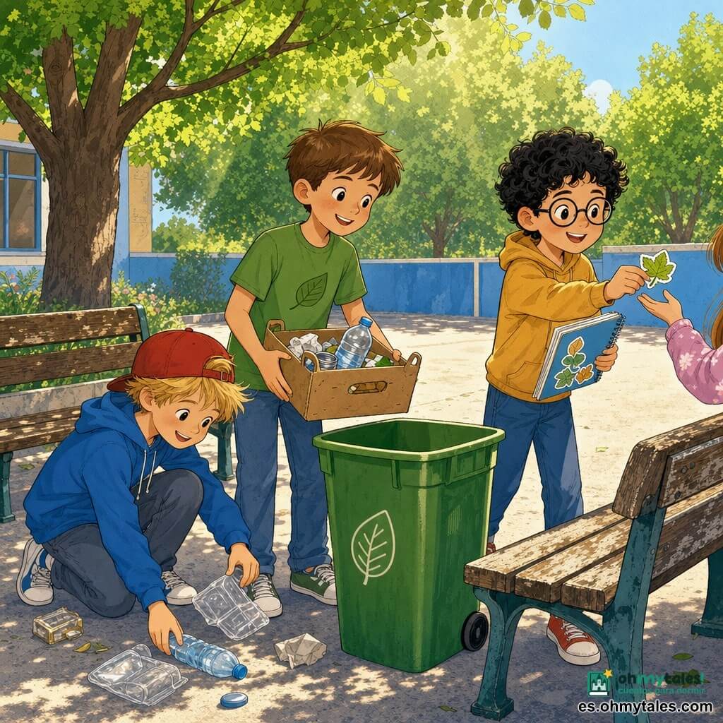 Tres niños de unos 9 años en un pequeño patio escolar soleado: al centro, un chico de cabello castaño corto con camiseta verde y una pequeña caja de cartón mira hacia una papelería verde; a la izquierda, un chico rubio con gorra roja al revés y sudadera azul recoge y muestra un envoltorio plástico sonriendo; a la derecha, un chico de cabellos negros rizados y gafas sostiene un cuaderno y pegatinas en forma de hoja y ofrece una a una niña fuera de cuadro; dos bancos de madera, suelo de hormigón claro, árboles con hojas verdes y una valla baja azul al fondo; los tres juegan a "detectives del patio" recogiendo residuos limpios y depositándolos en la papelera, ambiente alegre, gestos precisos, estilo cómic simple con colores cálidos y contornos redondeados.