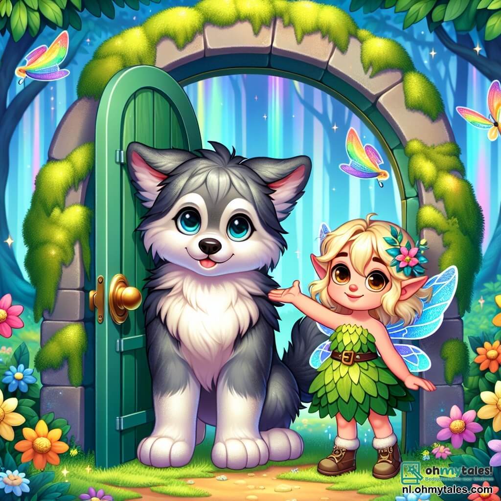 Luka, een kleine wolf met zachte grijze vacht en grote nieuwsgierige ogen, staat voor een mysterieuze deur bedekt met mos, zijn hart klopt van opwinding. Hij kijkt verwonderd naar de deur, zijn staart kwispelend van anticipatie. Naast hem staat Elara, een kleine elf met gouden haren en glinsterende vleugels, die warm glimlacht. Ze draagt een jurk van groene bladeren en kleurrijke bloemen en steekt een hand op om Luka aan te moedigen, haar ogen stralend van vertrouwen. De plek is een prachtig betoverd bos, waar de bomen helderblauw zijn en de bladeren glinsteren als edelstenen in de zon. Multicolore bloemen groeien om hen heen en vlinders met regenboogvleugels fladderen vrolijk in de lucht. Luka en Elara staan voor de magische deur, klaar om deze te openen en een wereld van avonturen binnen te gaan, met een mysterieuze gloed die van binnenuit straalt en ongelooflijke ontdekkingen belooft.