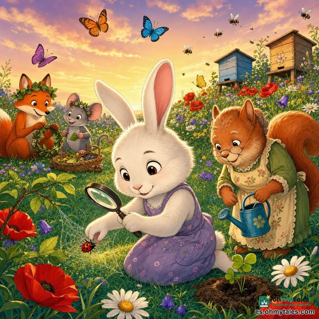 Una pequeña conejita blanca de pelaje suave y orejas rosadas, de mirada dulce y concentrada, se arrodilla y libera a una mariquita de una fina telaraña mientras sostiene una lupa en la mano izquierda; a la derecha, un Doña Ardilla, vieja ardilla pelirroja de rostro arrugado y sonrisa amable, con delantal de flores y un regador planta un joven trébol junto a la conejita; a la izquierda, en segundo plano, un zorro curioso de pelaje naranja y una ratoncita artista gris, sentados y sonrientes, hacen coronas de hojas y semillas; la escena ocurre en una colina cubierta de flores silvestres (amapolas rojas, margaritas blancas, campánulas violetas), hierba verde, pequeñas colmenas de madera, mariposas y abejas en vuelo, al atardecer con luz dorada, transmitiendo ternura, ecología y respeto por la naturaleza.