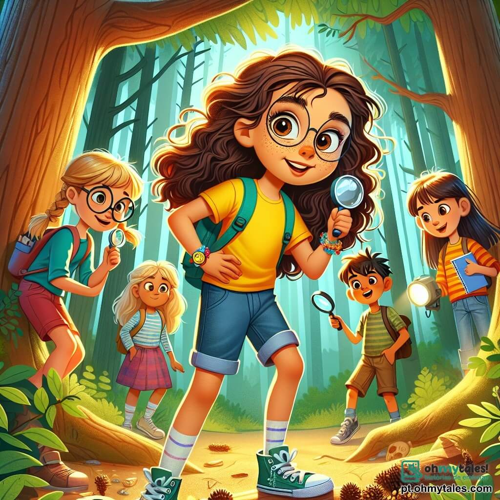 Uma menina de 10 anos, Luna, com cabelos castanhos e cacheados, usa uma camiseta amarela vibrante e um short de jeans. Ela tem olhos brilhantes de curiosidade e um grande sorriso, segurando uma lupa em uma mão e um caderno na outra, pronta para explorar. Ao seu lado, Ana, outra menina de 10 anos com tranças loiras e óculos redondos, observa atentamente uma pista no chão, inclinando-se para frente. Pedro, um menino de 10 anos com cabelos castanhos e sardas, fica um pouco para trás, segurando uma lanterna, com uma expressão de empolgação no rosto. Theo, um menino de 10 anos com cabelos negros bagunçados, olha ao redor, intrigado com os sons da floresta. O local é uma floresta densa, com grandes árvores de troncos grossos, folhas verdes brilhantes e raios de sol filtrando através da folhagem, criando sombras dançantes no chão coberto de folhas secas. A situação principal mostra Luna e seus amigos descobrindo uma pista misteriosa na floresta, cercados por um ar de aventura e mistério, enquanto examinam atentamente o chão em busca de pistas para resolver sua investigação.