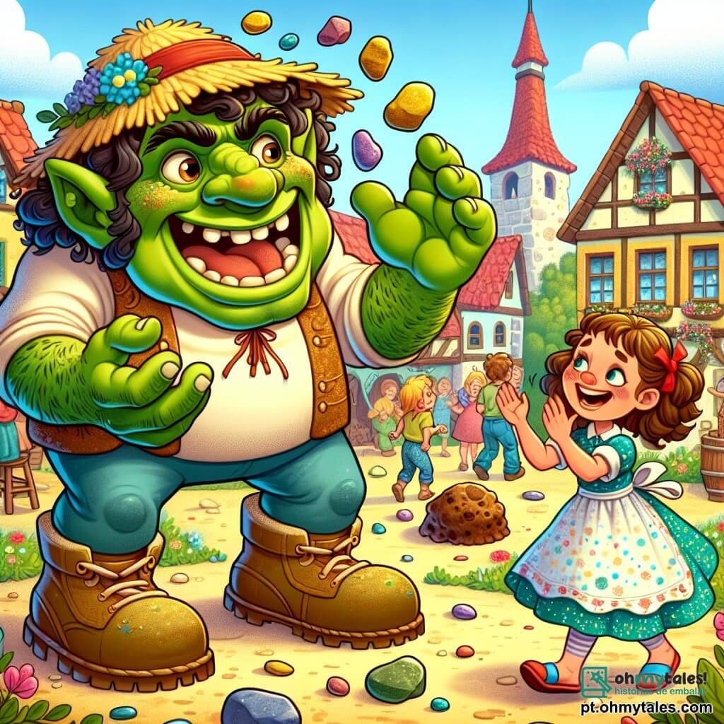 Um ogro alegre chamado Tristonho, com pele verde brilhante, olhos brilhantes de malícia e um grande sorriso, está malabarizando pedras coloridas enquanto ri. Ele usa um chapéu de palha um pouco grande demais para sua cabeça e botas enormes que parecem quase pesadas demais para ele. Perto dele, uma menina de 7 anos, com cabelos cacheados e um bonito laço vermelho, observa Tristonho com olhos maravilhados, rindo alto. Ela está vestida com um vestido amarelo de bolinhas e se equilibra na ponta dos pés, pronta para aplaudir. Um menino de 8 anos, vestindo uma camisa azul e um short, se aproxima timidamente, com um grande sorriso no rosto, segurando um bolo de lama nas mãos. A cena acontece em uma charmosa pracinha de vila, cercada por casas coloridas com telhados vermelhos, jardins floridos e crianças brincando ao redor. Árvores com folhas vibrantes e flores dançantes adicionam um toque mágico ao ambiente. A situação principal mostra Tristonho, o ogro, entretendo as crianças com suas habilidades de malabarismo, enquanto elas riem e se divertem juntas, criando uma atmosfera alegre e amigável, cheia de risos e felicidade.