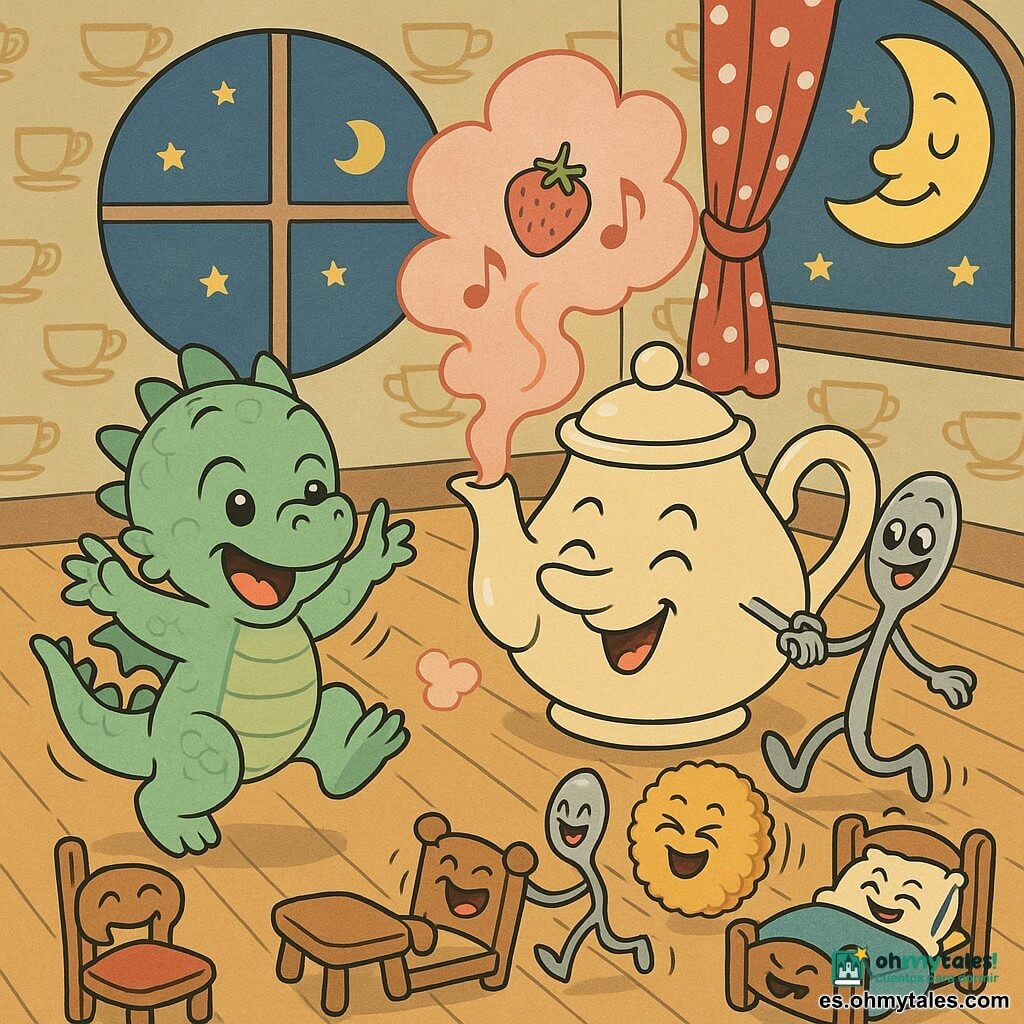 Un pequeño dragón llamado Puf, tipo bebé de escamas verde pastel y ojos brillantes, salta feliz persiguiendo una nube de vapor rosa; una tetera redonda de porcelana crema con cara sonriente sopla vapor de té de fresa y está sobre una mesa de madera; una cuchara plateada antropomorfa baila junto a una pila de galletas redondas doradas; una silla de madera y una mini cama, con pequeñas bocas sonrientes, son cosquilleadas por la nube; el interior es una acogedora casa de té de suelo claro, con motivos de tazas pintados en la pared, una gran ventana redonda que deja ver una luna que guiña y cortinas de lunares rojos; escena principal: juego mágico y divertido nocturno, todo es redondeado, suave, colorido y expresivo.