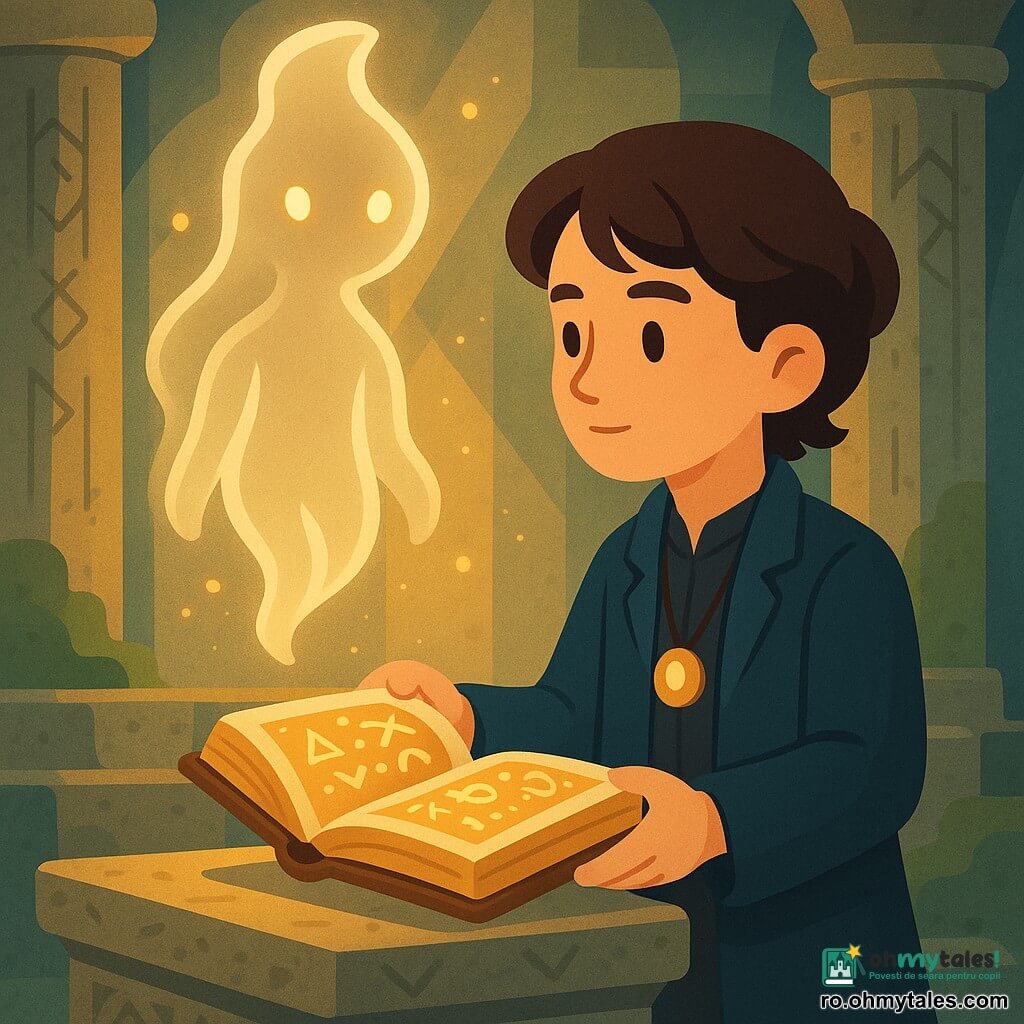 Un tânăr, Lucas, față ovală, nas fin, păr șaten închis ușor ondulat, expresie senină și hotărâtă, purtând un palton lung bleumarin și un medalion circular strălucitor; așază cu grijă o carte veche deschisă pe un altar de piatră, ținând-o cu ambele mâini, peste altar plutește o siluetă eterică, translucida, neumană, cu ochi ca mici stele aurii și contururi luminoase; templu antic cu coloane de piatră uzate, rune gravate și mușchi pe trepte, raze de lumină aurie care filtrează printre coloane și particule luminoase în aer; atmosferă de contrast cald între aurii/ocru pentru lumină și tonuri reci bleu-verzui pentru piatră și palton, umbre moi, compoziție medie cu Lucas centrat în prim-plan, silueta eterică puțin ridicată, coloanele încadrează scena; detalii grafice: motive gravate pe altar, pagini iluminate cu simboluri aurii, particule luminoase în jurul medalionului, stil vegetal și copilăresc cu contururi rotunjite, culori moderate saturate, fără texturi realiste, siluete și expresii clar lizibile.