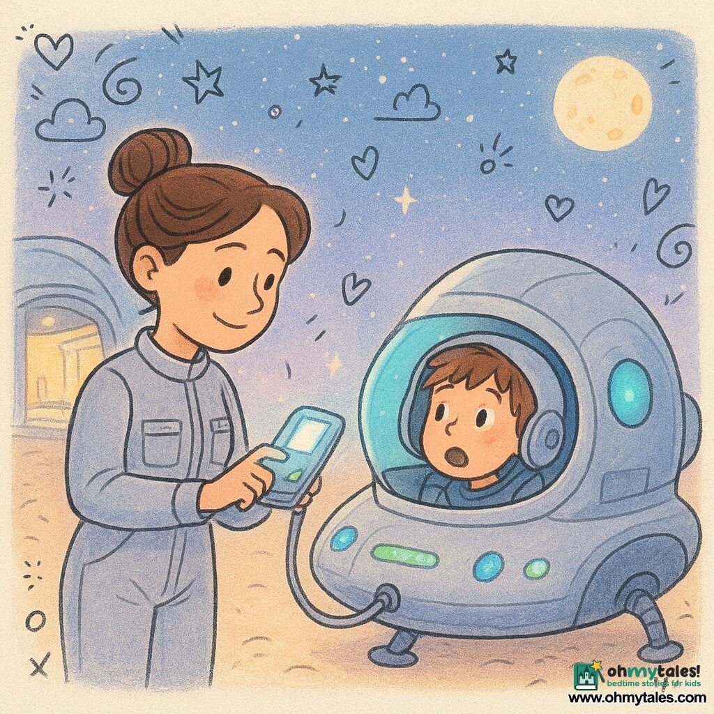 Mira, a female engineer, smiles with a focused, caring expression, brown hair in a bun, wearing a silver pocketed suit, holding a small glowing scanner and pressing a cockpit control panel; a ~9-year-old boy, Kio, in a small round capsule looks surprised but relieved, tousled hair and open helmet, gazing at Mira from the capsule tethered just ahead of the ship; the small silver ship Starling is shown three-quarter view with smooth surface and blinking blue and green lights, a thin silver cable gently linking the capsule to the ship's belly; background: the near space of Station Lumen with an open hangar, lit ramps, twinkling stars and a pale Driftway Moon on the horizon; overall scene: calm, reassuring moment as Mira stabilizes the capsule and establishes contact, soft pastel lighting with neon accents, rounded lines, slight grain texture and doodle overlays (arrows, hearts, stars) for a childlike feel.