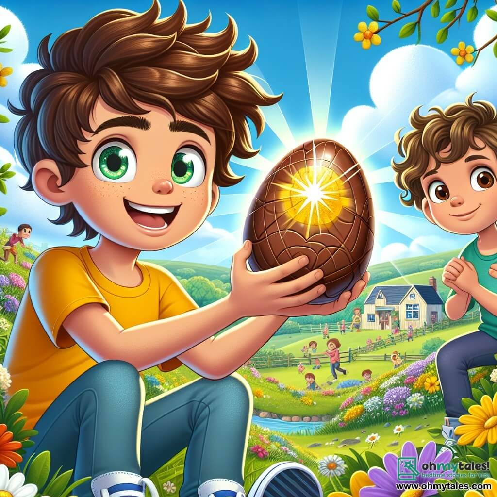 A 12-year-old boy named Oliver, with messy brown hair and sparkling green eyes, stands at the center of the image holding a shiny chocolate egg in his hands. He wears a bright yellow T-shirt and blue sneakers, displaying a triumphant smile. Beside him is his best friend Mia, an 11-year-old girl with curly brown hair and brown eyes, looking at the egg in wonder, arms crossed, full of enthusiasm and joy. The setting is a green field dotted with colorful flowers and flowering trees under a clear blue sky with fluffy white clouds. In the distance, a picturesque farm with a large "Farmer Jenkins" sign is visible, surrounded by children searching for Easter eggs. The main scene shows Oliver and Mia, surrounded by the magic of spring, discovering a sparkling chocolate egg after solving a riddle, symbolizing their adventure and the joy of friendship during the Easter egg hunt.