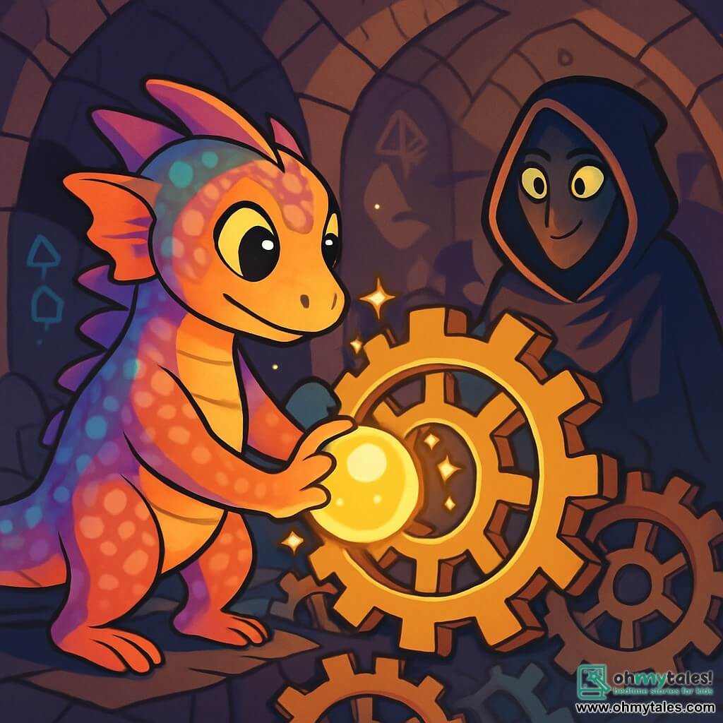 In the center of the image, Eral, a Lumirian Flarez with iridescent scales, stands with a look of determination and wonder on his face, his eyes shining like onyx. He is placing a glowing sphere into the heart of a massive machine, surrounded by sparkling gears and twinkling lights. To his right, a Shadow Keeper, a mysterious figure draped in a black cloak, watches with an expression of wisdom and encouragement, her piercing eyes illuminated by the machine's glow. The setting is a vast underground chamber, with walls adorned with ancient runes and complex mechanisms, where shadows dance to the rhythm of the pulsing lights from the central machine. The main scene shows Eral activating the Gears of Aether, with bursts of light emanating from the sphere and gears beginning to turn, symbolizing the restored harmony between magic and technology.