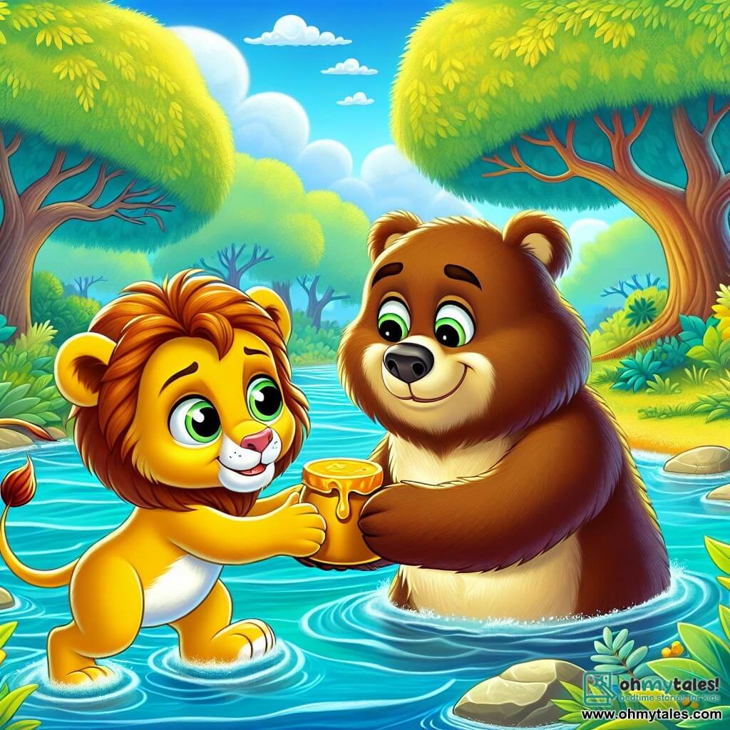 A small lion named Leo, with golden fur and sparkling determined eyes, stands in the water of a shimmering river, his expression a mix of courage and kindness. He is pushing a floating pot of honey towards Benny, a large brown bear with thick fur, who stands on the bank with grateful eyes and a broad smile on his face. The scene takes place by a river surrounded by majestic trees with vibrant green leaves, under a blue sky dotted with fluffy white clouds. Brave Leo helps his friend Benny retrieve his lost pot of honey, illustrating a moment of bravery and camaraderie in the heart of nature.