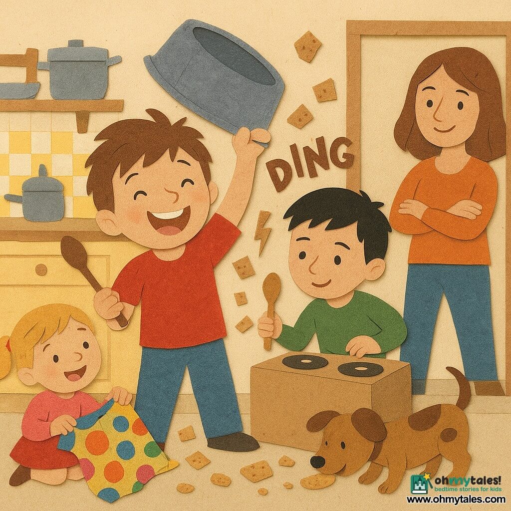 A joyful, slightly chaotic kitchen scene: a 4-year-old boy with a round face and tousled brown hair, beaming, holds a large metal baking tin like a drum and beats it with a wooden spoon, arms raised; his 2-year-old little sister with blonde pigtails, playful and laughing, waves a colorful polka-dot scarf near the floor to his left, looking at him; their 6-year-old older brother with short black hair, focused but amused, pretends to be a DJ with a cardboard box and spoon to the right, slightly crouched; the mother with chestnut hair smiles from the kitchen doorway with crossed hands in the background; Nibbles, a small brown spotted dog, wags his tail and nibbles a fallen biscuit near the children's feet. The colorful, messy kitchen has a light wood countertop, shiny pots, scattered spoons, an overturned biscuit tin with crumbs flying, yellow-and-white patterned tiles. The moment captures a playful remix — laughter, motion, a shower of tiny crackers falling from the tin, paper-cut dynamic lines and onomatopoeias (“clack,” “ding,” “arf”), bright colors, collage textures, torn edges and overlays.
