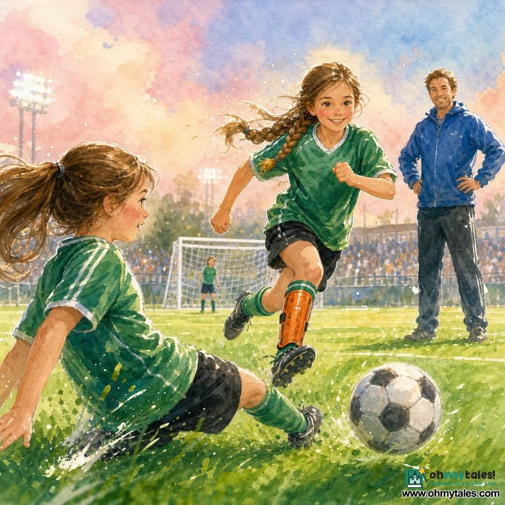 Main character Lily, ~12, smiling with bright eyes and light-brown braids, wearing a bright green jersey, black shorts and orange shin guards, is running with hair and jersey in motion, determined and joyful; teammate Emma, ~10, shy and flushed, chestnut ponytail, same jersey, has just passed the ball with a leg extended, proud and relieved, positioned front-left of Lily; a male coach (~40) stands in the background hands on hips, kind smile, blue sports jacket; vivid watercolor green pitch with slightly irregular white lines and distant goals, pastel pink-blue sky with light clouds; dynamic moment as Emma passes to Lily who prepares to shoot, rendered with watercolor splashes, flying grass and blurred footprints, mood of friendship, courage and imminent victory.