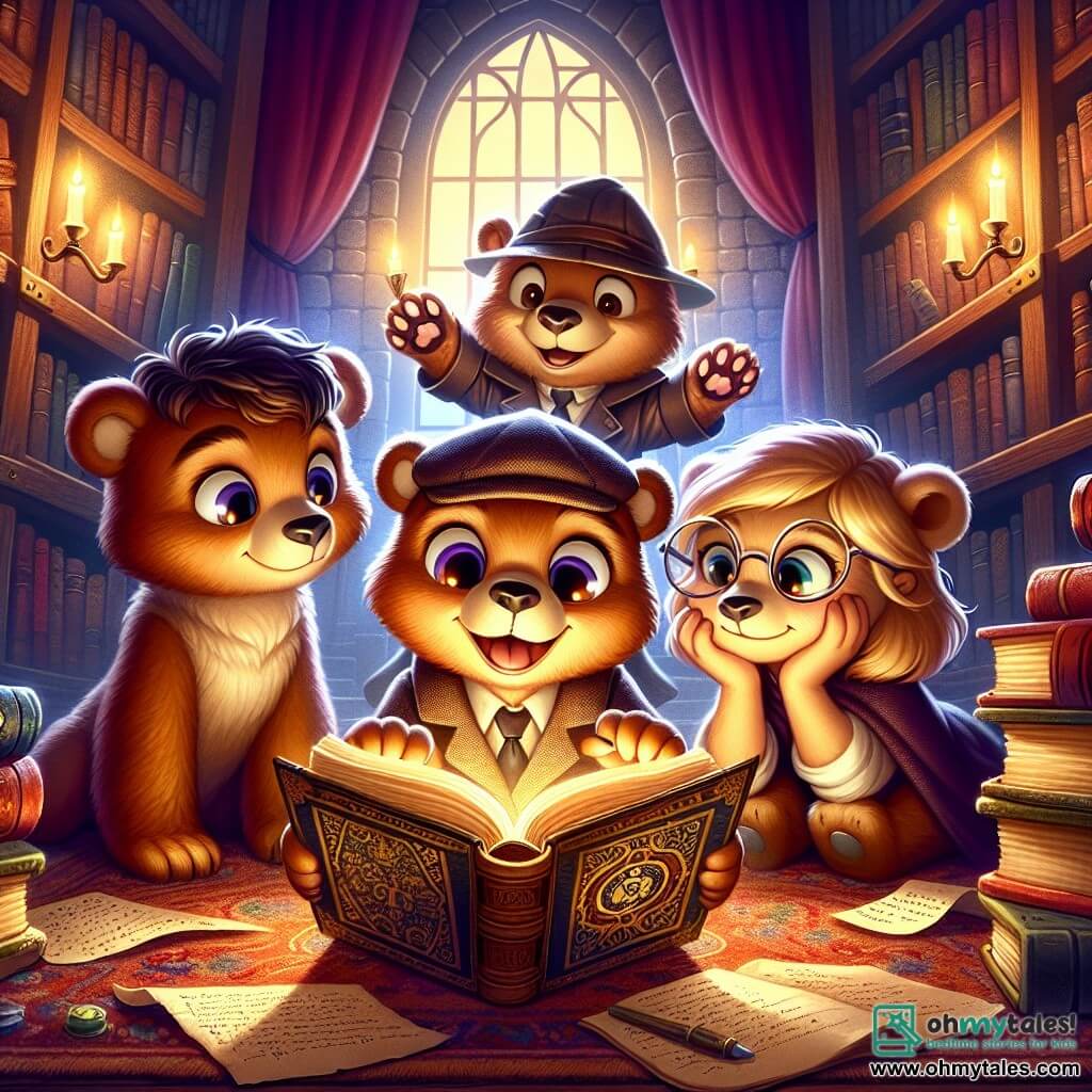 An illustration depicts a small brown bear and a curious boy with bright eyes and an enthusiastic smile, holding an old open book. They sit on a plush carpet in a room filled with books, with the bear's paws on the pages, showing an expression of discovery and wonder. Beside them, a small bear with round glasses, a thoughtful girl, observes the book intently, while another playful bear, a boy in a detective hat, stands behind them with crossed arms and a mischievous grin, as if he has a brilliant idea. The setting is a vast reading room in an old library, with dark wooden walls, dusty bookshelves, and windows letting in soft sunlight, creating a warm and mysterious atmosphere. The main scene shows the young bears discovering an ancient manuscript surrounded by open books, with a soft halo of light illuminating the book they are examining, suggesting it holds fascinating secrets. Additional graphic elements include colorful book covers scattered around, scribbled notes on paper, and an air of palpable adventure and curiosity.