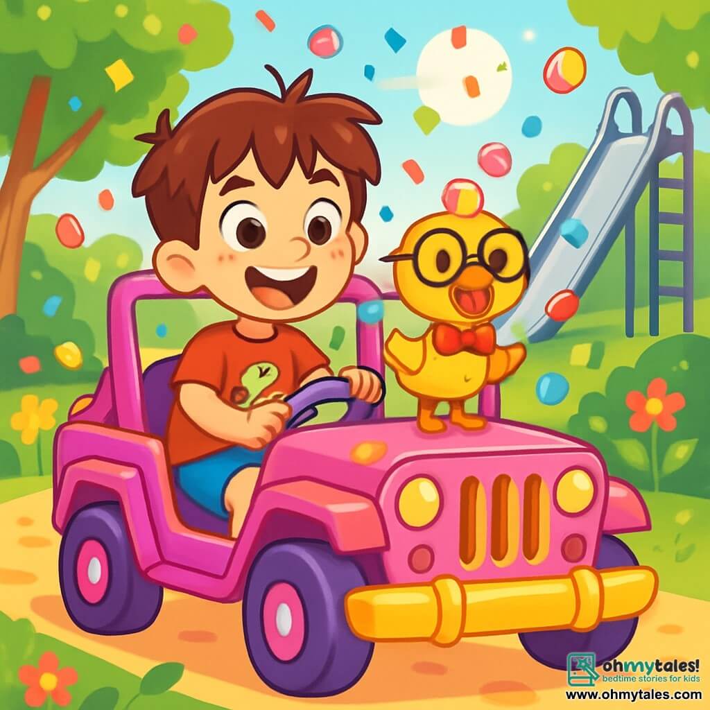 An 8-year-old boy named Timmy, with messy brown hair and sparkling curious eyes, is sitting in a candy-colored Jeep, a wide smile on his face. He wears a red t-shirt with a dinosaur and blue shorts. Next to him is a small duck named Quacko, wearing round glasses and a red bow tie, looking joyful and ready for adventure. The setting is a sunny park filled with colorful flowers and green trees, with a shiny metal slide in the background. Sun rays filter through the leaves, creating dancing shadows on the ground. The main scene shows Timmy and Quacko driving their candy Jeep, surrounded by bright confetti and candy falling from the sky, laughing and having fun together, ready for adventure.