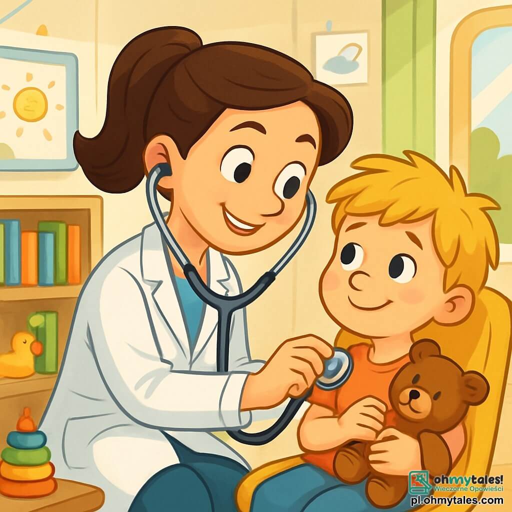 Pani Doktor Ania to uśmiechnięta kobieta w wieku około trzydziestu lat, ubrana w biały fartuch i z dużym stetoskopem na szyi. Jej brązowe włosy są związane w kucyk, a oczy błyszczą życzliwością, gdy bada małego chłopca. Chłopiec, Jasiu, ma około 6 lat, z rozczochranymi blond włosami i zaniepokojoną twarzą, ale zaczyna się uśmiechać dzięki dobroci Pani Doktor Ani. Siedzi na wygodnym krześle, ubrany w kolorowy t-shirt, trzymając w ramionach małego misia. Scena rozgrywa się w jasnym i przyjaznym gabinecie lekarskim, z ścianami ozdobionymi rysunkami dzieci, półkami wypełnionymi książkami obrazkowymi i zabawkami rozsypanymi po podłodze. Okno wpuszcza światło słoneczne, oświetlając ciepłą przestrzeń. W tej ilustracji Pani Doktor Ania bada Jasiu za pomocą stetoskopu, mówiąc do niego łagodnie, aby go uspokoić, podczas gdy chłopiec zaczyna się relaksować, uśmiechając się i mając swojego misia obok siebie.