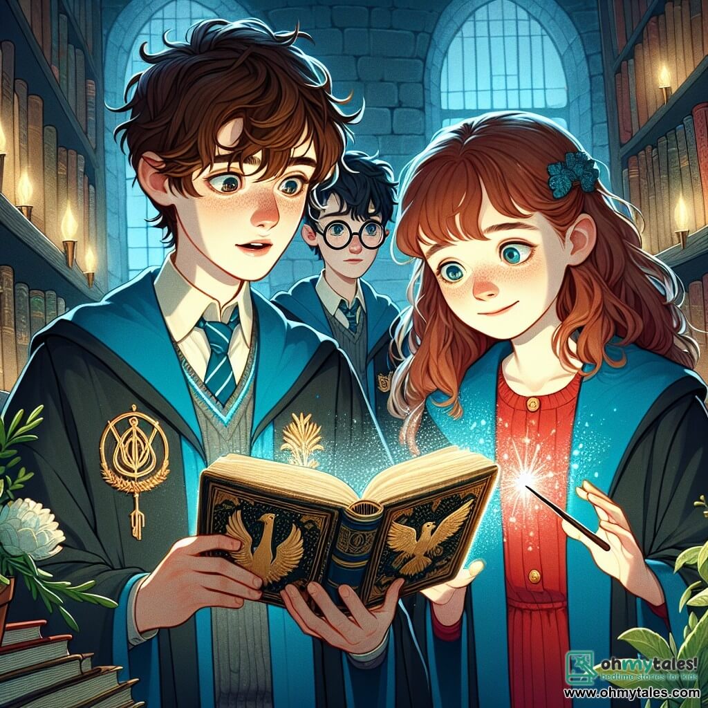 The main character, Leo, is a 12-year-old wizard with messy brown hair and sparkling curious eyes. He wears a sky-blue wizard robe adorned with air patterns and holds an ancient book open, its pages illuminated by a soft magical glow. His face shows both wonder and determination. Next to him is Elara, an 11-year-old witch with fiery red hair, smiling mischievously. She wears a bright red robe and holds a sparkling wand, ready to cast a spell. Finn, a 12-year-old boy with brown hair and round glasses, stands slightly back, intently observing the magical plants around him with a concentrated expression. The scene takes place in the enchanted library of the Academy of Witchcraft, where intricately carved wooden shelves rise to the ceiling, filled with ancient books. Floating globes cast a soft light, while magical creatures like owls and fairies flit between the shelves. The main situation shows Leo, Elara, and Finn discovering a secret chamber within the library, surrounded by dusty books and mysterious scrolls. Leo, with a determined look, flips through an ancient grimoire, while Elara and Finn exchange excited glances, realizing they have found clues about the Celestial Orb, the magical artifact they must protect.