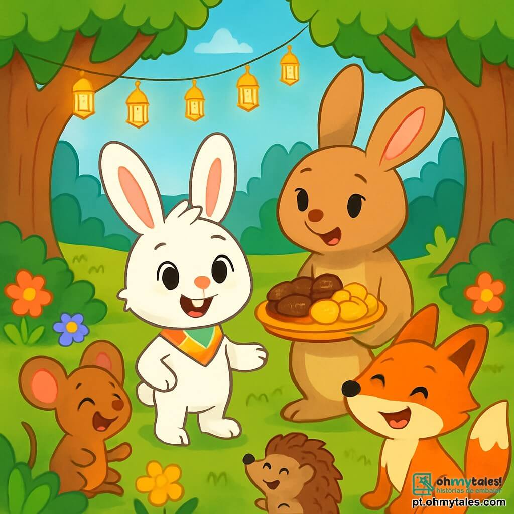 Tico, o coelhinho de grandes orelhas e olhos curiosos, está no centro da cena, com um sorriso alegre no rosto. Seu pelo é branco brilhante e ele usa um pequeno lenço colorido no pescoço. À sua direita, sua mamãe, uma doce coelha de pelos marrons claros, o observa com orgulho, seus olhos brilhando de ternura. Ela segura um prato cheio de deliciosas guloseimas, como tâmaras e bolos, que prepara para celebrar o Ramadan. O cenário é uma charmosa clareira na floresta, onde guirlandas de luzes cintilantes estão penduradas nas árvores. Flores coloridas adornam o caminho e animais da floresta se reúnem alegremente ao redor de Tico, criando uma atmosfera festiva e acolhedora. A cena principal mostra Tico e sua mamãe compartilhando doces com seus amigos animais, todos rindo e se divertindo juntos, celebrando o espírito de partilha e alegria do Ramadan.