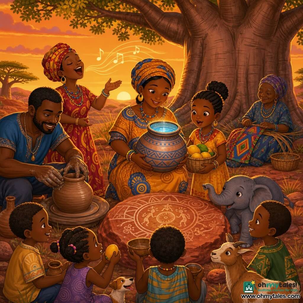 Ama, a woman with a tender smile and gentle eyes, stands by a large red rock holding a blue-lined clay jar like a small moon; Kofi the potter, with wide clay-stained hands, squats to her left shaping a wet pot; Nala the singer, in a colorful dress, stands behind Ama singing with stylized musical waves; Sia, an 8-year-old girl, to Ama's right holds a basket of yellow mangoes and gazes in wonder; an elderly weaver sits beneath the dense-foliaged baobab in the background weaving a patterned cloth; the scene is on a red earth slope with short grass, an orange sunset sky, and a flat rock etched with an old circular design, showing Ama offering the shining water jar to children and animals gathered around the rock, conveying sharing, warmth, and traditional African motifs.