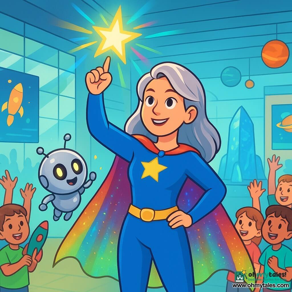 In the center of the image, a superhero woman, Captain Lumen, stands proudly. She wears a bright cobalt costume with a sparkling cape that emits colorful lights. Her face is gentle yet determined, with a strand of silver hair shining in the sun. She smiles confidently, her eyes sparkling with courage, as she raises her hand to create a glowing star in the sky. Beside her, a small robot named Pip, resembling a silver metal ball with blinking eyes, joyfully floats. It emits cheerful sounds and looks at Captain Lumen with admiration, its little antennas vibrating with excitement. In the background, a crowd of children, mostly boys and girls aged 8 to 10, gaze wide-eyed, raising their hands in awe at the spectacle. They wear colorful clothes, and some hold rocket-shaped toys. The setting is a science exhibition hall with glass walls letting in daylight. Bright posters and models of planets decorate the space, while a large sparkling glass sculpture stands at the center, surrounded by curious onlookers. The main scene shows Captain Lumen using her powers to create a glowing star in the sky, inspiring the children to be brave and raise their hands to participate. The atmosphere is joyful and full of wonder, filled with vibrant colors and positive energy.