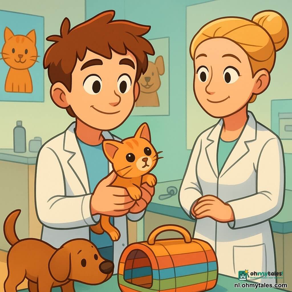 Een jonge man, Daan, met warrig bruin haar en een geruststellende glimlach, staat in een dierenkliniek. Hij draagt een witte jas en houdt voorzichtig een klein katje in zijn handen. Zijn ogen zijn zacht en vriendelijk. Naast hem staat een vrouw van in de veertig, dokter Noor, met blond haar in een knot, die met een bemoedigende blik toekijkt. Zij draagt ook een witte jas en staat bij een tafel vol veterinaire instrumenten. De kliniek is licht, met pastelkleuren op de muren en posters van lachende dieren. Op de vloer snuffelt een nieuwsgierige hond aan een kleurrijke mand. De scène toont Daan die het katje geruststelt, wat een warme en kalmerende sfeer creëert.