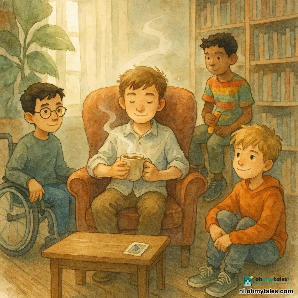 Vier jongens van 12: Mats, lichte huid, kort kastanjebruin haar, lichte lichtgekreukte blouse, zit in het midden in een gammel gevatte fauteuil met een dampende kop thee; Koen, zwart kort haar, slanke bril, zit in een grijze rolstoel links, iets voorover, hand op een wiel; Jip, warrig blond haar, joggingbroek, zit op de grond rechts tegen de muur, leunend tegen de boekenkast, kijkt zacht glimlachend; Amin, getinte huid, kleurrijk T‑shirt, zit op de rand van een klein tafeltje achter de fauteuil met een mueslireep, kijkt naar de kop thee. Plaats: rustige hoek van de schoolmediatheek met hoge houten boekenrekken, grote groenbladige plant bij een hoog raam, lage eiken salontafel met een slagschade in bliksemschichtvorm, oude plankenvloer, zacht ochtendlicht met zichtbare stofdeeltjes. Situatie: ze houden een "sensorische pauze", kalme atmosfeer in aquarelkleuren (warme okers, zachte groenen, bleekgrijs), focus op theestoom, handen op de borst om het hart te voelen en een klein duivenfotootje op tafel, gecontroleerde aquarelspetters langs de randen om ingetogen emotie te suggereren.
