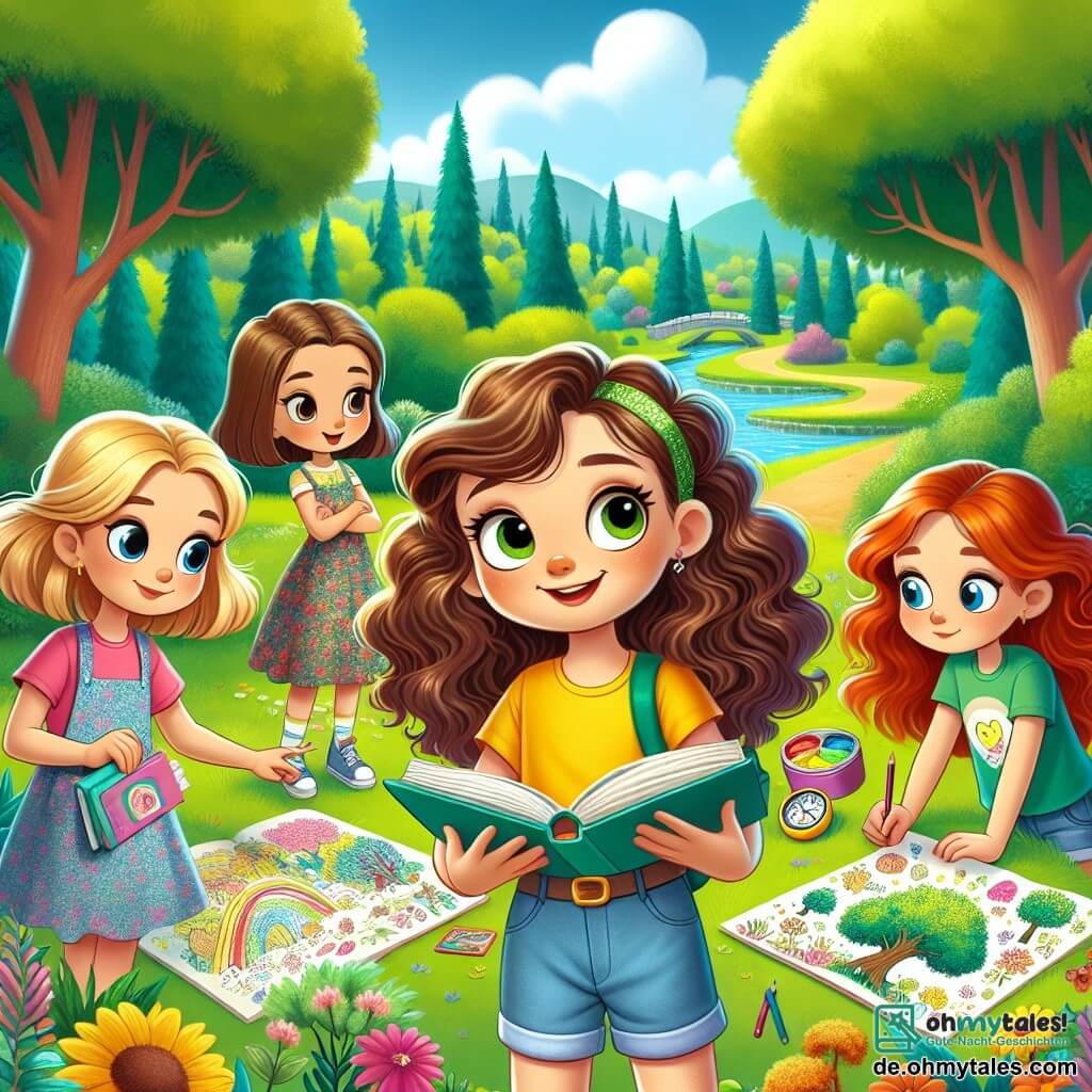 Vier Mädchen im Alter von etwa 10 Jahren stehen zusammen in einem grünen Park. Mia, mit braunen lockigen Haaren, trägt ein gelbes T-Shirt und eine Jeansshorts und hält ein aufgeschlagenes Buch in den Händen, während sie begeistert lächelt. Emma, mit glatten blonden Haaren, stützt sich auf ein Geodreieck, trägt ein blaues Blumenkleid und schaut aufmerksam zu Mia. Lina, mit welligen braunen Haaren, trägt ein grünes T-Shirt und kurze Hosen, hält ein buntes Schild mit Zeichnungen von Bäumen und Blumen und lächelt stolz. Sophie, mit roten lockigen Haaren, trägt ein rosa T-Shirt und Shorts und zeichnet konzentriert in ein Notizbuch mit Buntstiften. Der Park ist voller Grün, mit majestätischen Bäumen, bunten Blumen und einem kleinen, sanft fließenden Bach im Hintergrund. Der Himmel ist blau mit einigen weißen Wolken. Die Mädchen bereiten eine Präsentation über den Klimawandel vor und diskutieren fröhlich ihre Ideen zum Umweltschutz. Ihre Gesichter strahlen vor Aufregung über ihr Projekt, und die Atmosphäre ist voller positiver Energie.