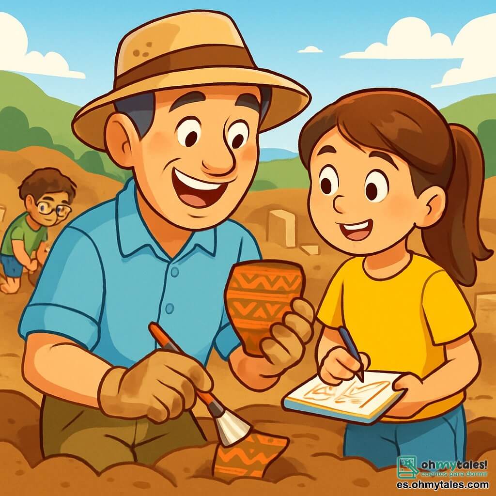 Un hombre arqueólogo, Don Manuel, está en el centro de la imagen, con una amplia sonrisa de emoción en su rostro. Lleva un sombrero de paja beige, una camisa de lino azul claro y pantalones caqui. Sus manos están cubiertas de tierra y sostiene un pequeño fragmento de cerámica decorado con motivos geométricos en una mano, mientras que con la otra usa un pincel para limpiar delicadamente otro hallazgo. A su lado, una niña de 12 años, una de sus alumnas, con cabello castaño recogido en una coleta, observa con ojos brillantes de curiosidad. Ella lleva una camiseta amarilla y un short de mezclilla, y sostiene un cuaderno de notas donde dibuja bocetos de los objetos encontrados. Al fondo, un grupo de tres estudiantes, dos chicos y una chica, de entre 10 y 13 años, se afanan en desenterrar otros artefactos. Uno de los chicos, con gafas y cabello rizado, utiliza una pequeña pala, mientras que el otro, de cabello rubio, examina otro fragmento de cerámica. La chica, con trenzas, toma fotos con una cámara. El lugar es una amplia zona de excavación arqueológica, rodeada de colinas verdes y cielo azul. Montículos de tierra marrón están esparcidos alrededor y se pueden ver piedras antiguas, testigos de una civilización desaparecida. La escena principal muestra a Don Manuel y sus alumnos trabajando juntos con entusiasmo, descubriendo tesoros del pasado, mientras el sol brilla sobre su aventura llena de promesas y descubrimientos.