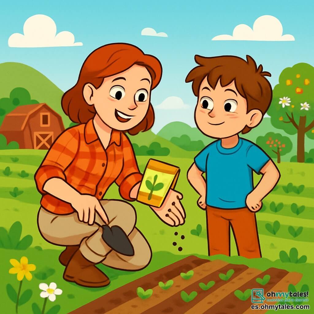 Clara, una mujer de unos treinta años, sonriente y llena de vida, lleva una camisa de cuadros rojos y un pantalón de tela. Está agachada en un campo verde, sosteniendo una pequeña pala en una mano y un paquete de semillas en la otra, con ojos brillantes de emoción. A su lado está Martín, un niño de 10 años, con el cabello castaño despeinado y una camiseta azul, que observa atentamente a Clara, con las manos en las caderas y una mirada curiosa y admirativa. El lugar es una granja amplia en el campo, rodeada de colinas verdes y flores coloridas, bajo un cielo azul claro con nubes blancas esponjosas. A lo lejos se ve un granero rojo tradicional y árboles frutales en flor. La situación principal muestra a Clara y Martín plantando semillas en la tierra fértil, con filas de jóvenes plantas que comienzan a emerger, simbolizando su trabajo en equipo y su amor por la naturaleza.