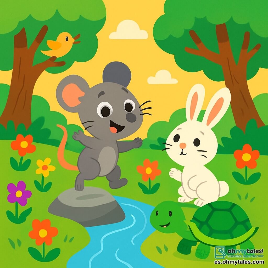 Un pequeño ratón, llamado Ratón Listo, con ojos brillantes y una cola larga, sonríe alegremente saltando sobre una piedra al borde de un arroyo. Tiene un pelaje gris suave y pequeñas orejas redondas. A su lado, un adorable conejo blanco con grandes orejas, llamado Conejo, observa con curiosidad, con las patas delanteras levantadas, listo para saltar. Un poco más lejos, una tortuga verde de caparazón brillante, llamada Tortuga, avanza lentamente, con una sonrisa amistosa en su rostro. El escenario es un magnífico bosque encantado, lleno de flores coloridas que bailan al viento, árboles de troncos gruesos y hojas verdes brillantes. El arroyo brilla bajo el sol, y los pájaros cantan en las ramas. La situación principal muestra a Ratón Listo y sus amigos buscando el viento perdido, todos juntos, con expresiones de determinación y alegría, listos para cantar y llamarlo.