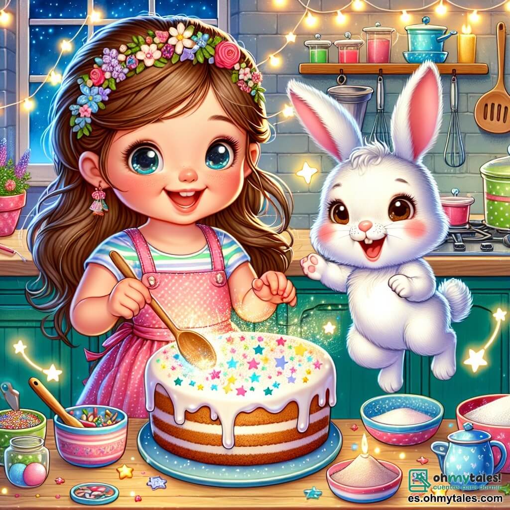 Una niña de 4 años, llamada Lucía, con largos cabellos castaños y ojos brillantes de alegría, está preparando un pastel mágico en una cocina colorida. Sonríe emocionada, sosteniendo una cuchara de madera, mientras estrellas brillantes flotan alrededor del pastel. A su lado, un adorable conejito llamado Bruno, con pelaje blanco y grandes orejas, salta alegremente, ayudando a Lucía a mezclar los ingredientes. La escena se desarrolla en una cocina encantada, llena de utensilios coloridos y luces centelleantes. Lucía y Bruno están preparando un pastel que brilla como las estrellas, creando una sorpresa mágica para el Día del Padre.