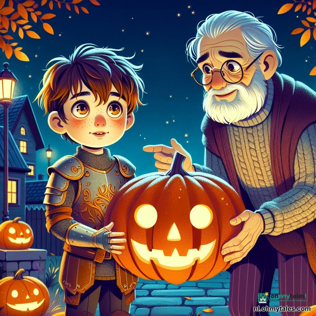 Een 10-jarig jongetje, Thomas, met rommelig bruin haar en nieuwsgierige ogen, staat voor een enorme, glanzende oranje pompoen. Zijn gezicht straalt verwondering en opwinding uit, met lichtroze wangen door de kou van Halloween. Hij draagt een zelfgemaakt ridderkostuum met kartonnen harnas en een papieren zwaard in zijn rechterhand. Naast hem staat een oudere man, meneer Hendrik, ongeveer 70 jaar oud, met een lange witte baard en ronde brillen, die warm glimlacht. Hij is gekleed in een grijze wollen trui en fluwelen broek, en leunt lichtjes naar Thomas terwijl hij met een samenzweerderige blik naar de pompoen wijst. De scène speelt zich af in een charmante tuin van een oud huisje, omringd door gouden herfstbladeren en fonkelende lantaarns. De nacht is helder, met een volle maan die de scène in een zachte, mysterieuze gloed verlicht. Thomas en meneer Hendrik zijn bezig de pompoen open te snijden, waarbij een magische gloed uit de binnenkant straalt, terwijl een kleine gekleurde steen fel oplicht en hun aandacht trekt.