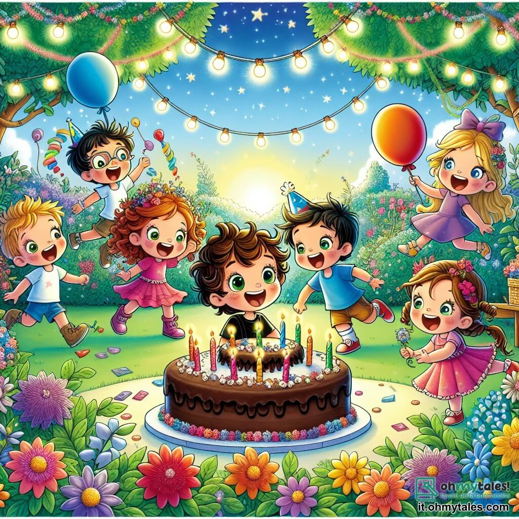 In un giardino incantato, Marco, un bambino di quattro anni con capelli castani e occhi scintillanti, è al centro, sorridente e felice. Alla sua destra, Giulia, una ragazza con capelli biondi e ricci, indossa un vestito rosa e tiene un palloncino colorato, ridendo. A sinistra, Luca, un ragazzo con capelli neri e occhiali, danza con entusiasmo, indossando una maglietta blu. Sara, una ragazza con capelli rossi e trecce, è accovacciata vicino a una grande torta al cioccolato, decorata con candeline, pronta a cantare "Buon Compleanno". Infine, Tommaso, un ragazzo con capelli castani e occhi verdi, si trova dietro la torta, tenendo un tamburello e sorridendo. Il giardino è pieno di fiori colorati, alberi con foglie scintillanti e palloncini che fluttuano nel cielo blu. Sullo sfondo, delle ghirlande di luce aggiungono un tocco magico all'atmosfera festosa. La scena principale mostra Marco, circondato dai suoi amici, pronto a soffiare le candeline sulla torta, mentre tutti cantano gioiosamente per festeggiare il suo compleanno.