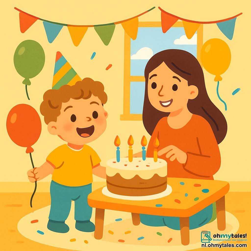 Een jongetje van 2 jaar, met krullend haar en sprankelende ogen, draagt een kleurrijke feesthoed en houdt een grote rode ballon vast. Hij glimlacht breed, vol enthousiasme voor zijn verjaardag. Naast hem staat zijn moeder, een glimlachende vrouw van ongeveer dertig, met lang bruin haar, die een taart voorbereidt op een tafel versierd met confetti. Ze kijkt liefdevol naar haar zoon terwijl ze kaarsjes op de taart plaatst. De scène speelt zich af in een lichte woonkamer, versierd met kleurrijke slingers en zwevende ballonnen, met een groot, zacht tapijt op de vloer. Op de achtergrond laat een raam zonlicht binnen, wat de feestelijke sfeer verlicht. Het jongetje is klaar om zijn verjaardag te vieren, vol verwachting om zijn kaarsjes uit te blazen en dit blije moment met zijn moeder te delen.