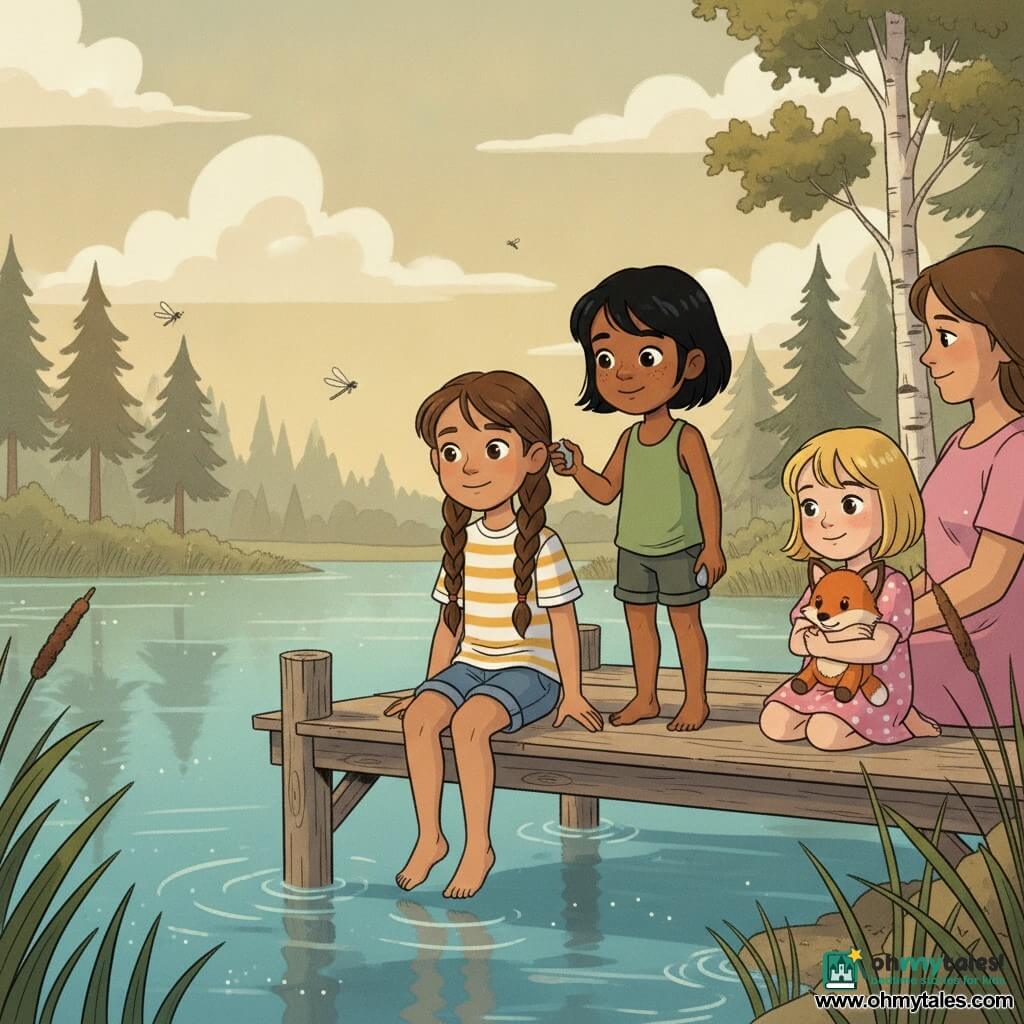 Three girls on a weathered wooden dock over a calm blue-green lake at golden late-afternoon light: Lola, 10, brown braided hair, yellow striped tee and jean shorts, sits left holding Mira's hand and smiling at the water; Mira, 9, short black hair with a freckled nose, green tank top, sits center with feet in the water holding a pebble and looking at her friends; Bea, 8, short blonde hair, pink polka-dot dress, sits right hugging a small orange fox plush and leaning against their mother (optionally visible), shy and happy. Tall grasses and reeds at the shore, pine and birch trees in the background, cream summer clouds, shining dragonflies; warm, tender atmosphere, saturated but soft colors, clean 90s cartoon lines, warm late-afternoon lighting with long shadows and textured details on wood and clothing.