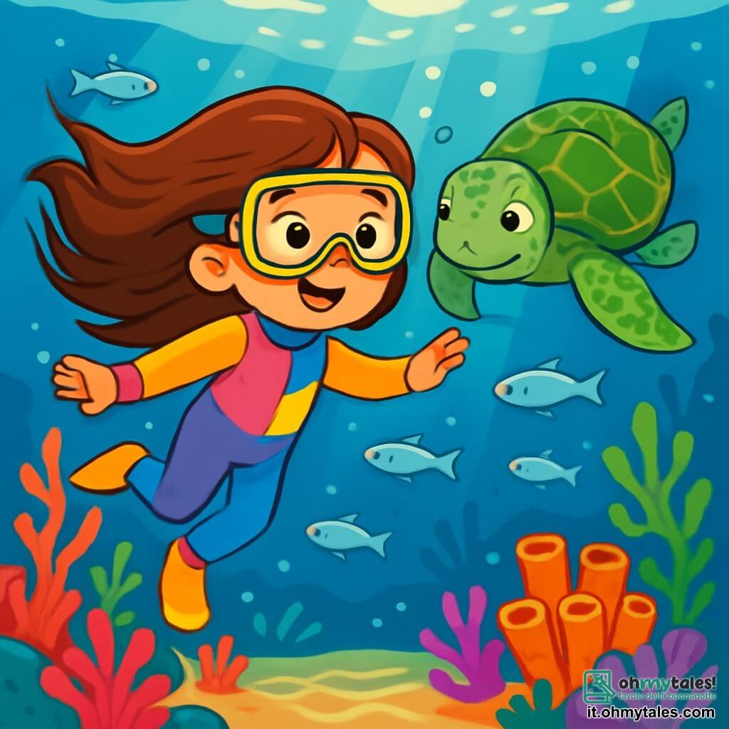 Una ragazza di 6 anni, Mia, con lunghi capelli castani che fluttuano nell'acqua, indossa una muta colorata. Il suo viso esprime meraviglia ed eccitazione, i suoi occhi brillanti scrutano le profondità marine. Accanto a lei, una grande tartaruga marina dalle scaglie verdi e dorate nuota lentamente, guardando Mia con benevolenza. Lo sfondo marino è pieno di coralli colorati, pesci argentati che danzano attorno a loro, e i raggi di sole filtrano attraverso la superficie dell'acqua, creando motivi scintillanti sulla sabbia. Mia è trascinata da una forte corrente, ma sorride, pronta a esplorare i misteri nascosti sotto le onde.