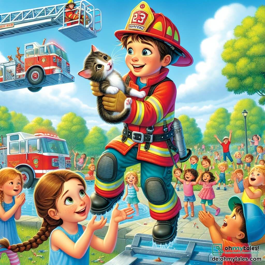 Ein Feuerwehrmann namens Max, lächelnd und mutig, trägt eine leuchtend rote Uniform mit einem glänzenden Helm. Er steigt von einer Leiter herunter und hält ein kleines Kätzchen in seinen Armen, mit einem Ausdruck von Stolz und Freude auf seinem Gesicht. Neben ihm steht ein 7-jähriges Mädchen namens Mia, mit großen bewundernden Augen und geflochtenen braunen Haaren. Sie schaut Max bewundernd an, die Arme erhoben zur Ermutigung. Ein 8-jähriger Junge namens Leo steht etwas im Hintergrund, die Hände in die Hüften gestützt, mit einem breiten, enthusiastischen Lächeln, bereit, Max' Leistung zu applaudieren. Die Szene spielt in einem sonnigen Park, mit grünen Bäumen im Hintergrund und einem blauen Himmel, der mit weißen Wolken durchzogen ist. Kinder spielen herum, und ein großer roter Feuerwehrwagen steht in der Nähe, mit Sirenen, die in der Sonne glänzen. Die Hauptsituation zeigt Max, der das im Baum feststeckende Kätzchen rettet, umgeben von Kindern, die ihn ermutigen und seinen Mut bewundern.