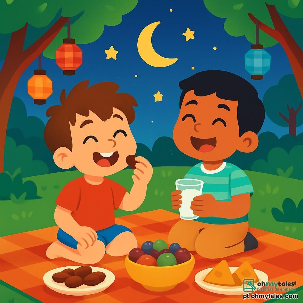 Há 2 personagens principais: Tomás, um garoto de 6 anos com cabelos castanhos bagunçados e olhos curiosos, vestindo uma camiseta vermelha e um short azul, sentado em uma grande toalha de piquenique, saboreando uma tâmara com um grande sorriso; e Hassan, um garoto de 7 anos com cabelos negros e olhos marrons, usando uma camisa listrada e calças beiges, ao lado de Tomás, rindo alegremente e segurando um copo de leite. O cenário é um parque verdejante iluminado pela luz suave do crepúsculo, cercado por grandes árvores com folhas brilhantes e lanternas coloridas penduradas nos galhos, criando uma atmosfera acolhedora e mágica. Tomás e Hassan estão juntos na toalha, ansiosos pela aparição da lua, compartilhando risadas e guloseimas, rodeados pela magia do Ramadan, com estrelas cintilantes começando a brilhar no céu.