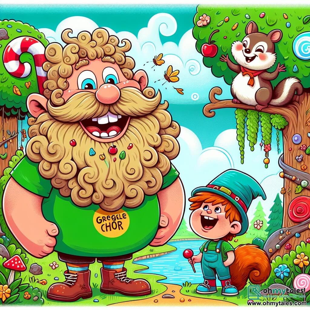A friendly giant named Gregor, with a large curly beard resembling a cloud and a t-shirt made of green leaves, smiles joyfully while holding a big red apple in his massive hand. Next to him, a small boy named Benny, about 8 years old, wears a blue hat adorned with a red feather and a big smile, laughing heartily. A little squirrel named Sammy, wearing a magician's hat and holding a small wand, stands on a branch just above them, ready to perform a magic trick. The scene takes place in Giggle Garden, a magical place where trees have candy cane trunks and cotton candy leaves, while flowers laugh and dance in the breeze. In the background, a sparkling stream gurgles happily, adding to the playful atmosphere. In this illustration, Gregor, Benny, and Sammy are gathered around a large colorful picnic blanket filled with apples and treats, sharing laughter and jokes, creating a sense of camaraderie and joy in this enchanted garden.