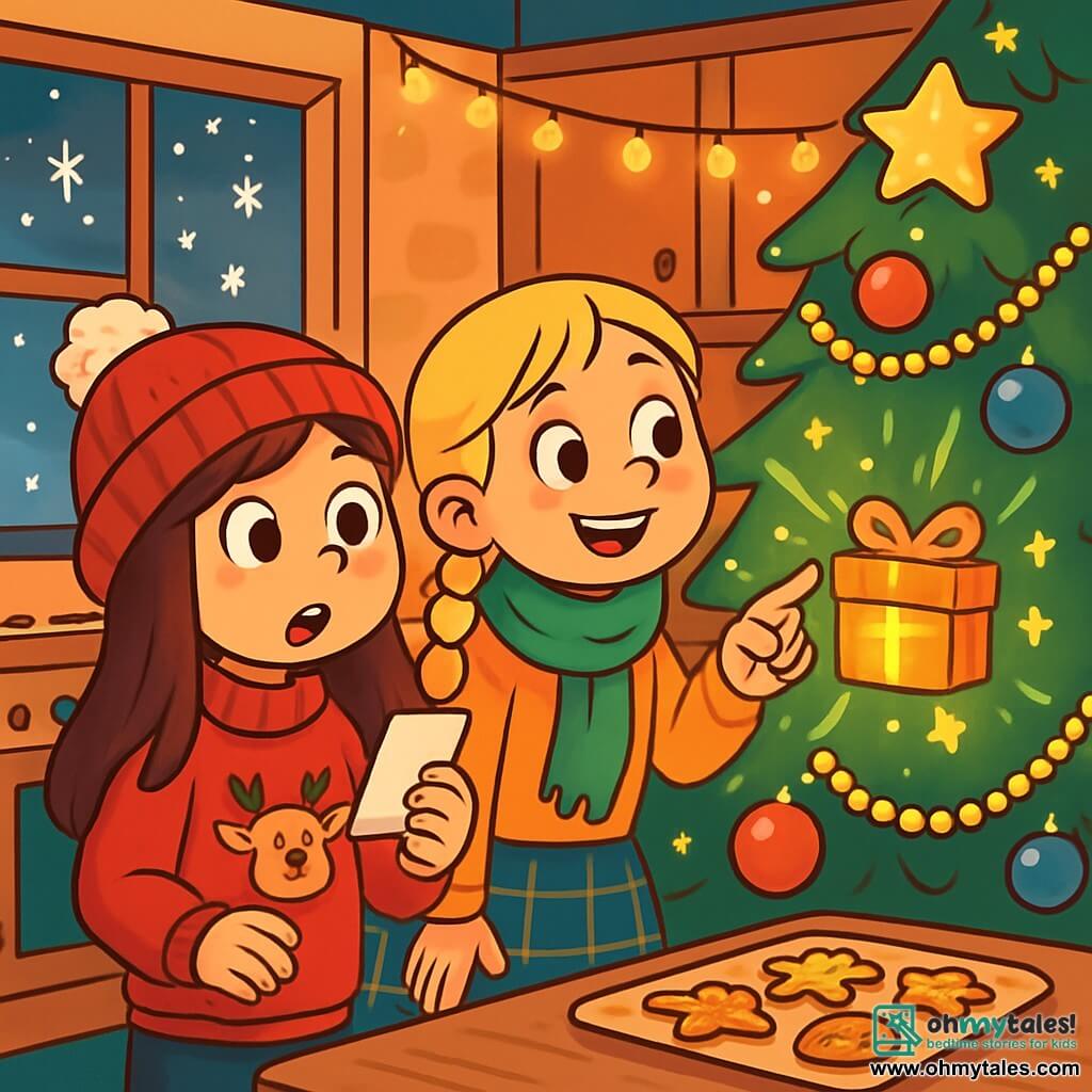There are two main characters: Lila, a 9-year-old girl with long brown hair, wearing a red sweater with a reindeer pattern and a wool hat. She stands with bright curious eyes, holding a small piece of paper in her hand. Mia, also 9, has braided blonde hair, dressed in a green scarf and a plaid skirt. She stands next to Lila, smiling and pointing at a shiny box hanging on the Christmas tree. The scene takes place in a cozy kitchen decorated for Christmas, featuring a large sparkling tree adorned with golden garlands and colorful baubles. Snowflakes gently fall outside through a window, and twinkling lights illuminate the room. Christmas cookies are laid out on the table, with a sweet scent of cinnamon in the air. The main situation shows Lila and Mia discovering a mysterious box hanging on their Christmas tree, surrounded by twinkling stars and a magical atmosphere. The girls are excited and curious, ready to open the box to uncover the secret of the Mischievous Elf.