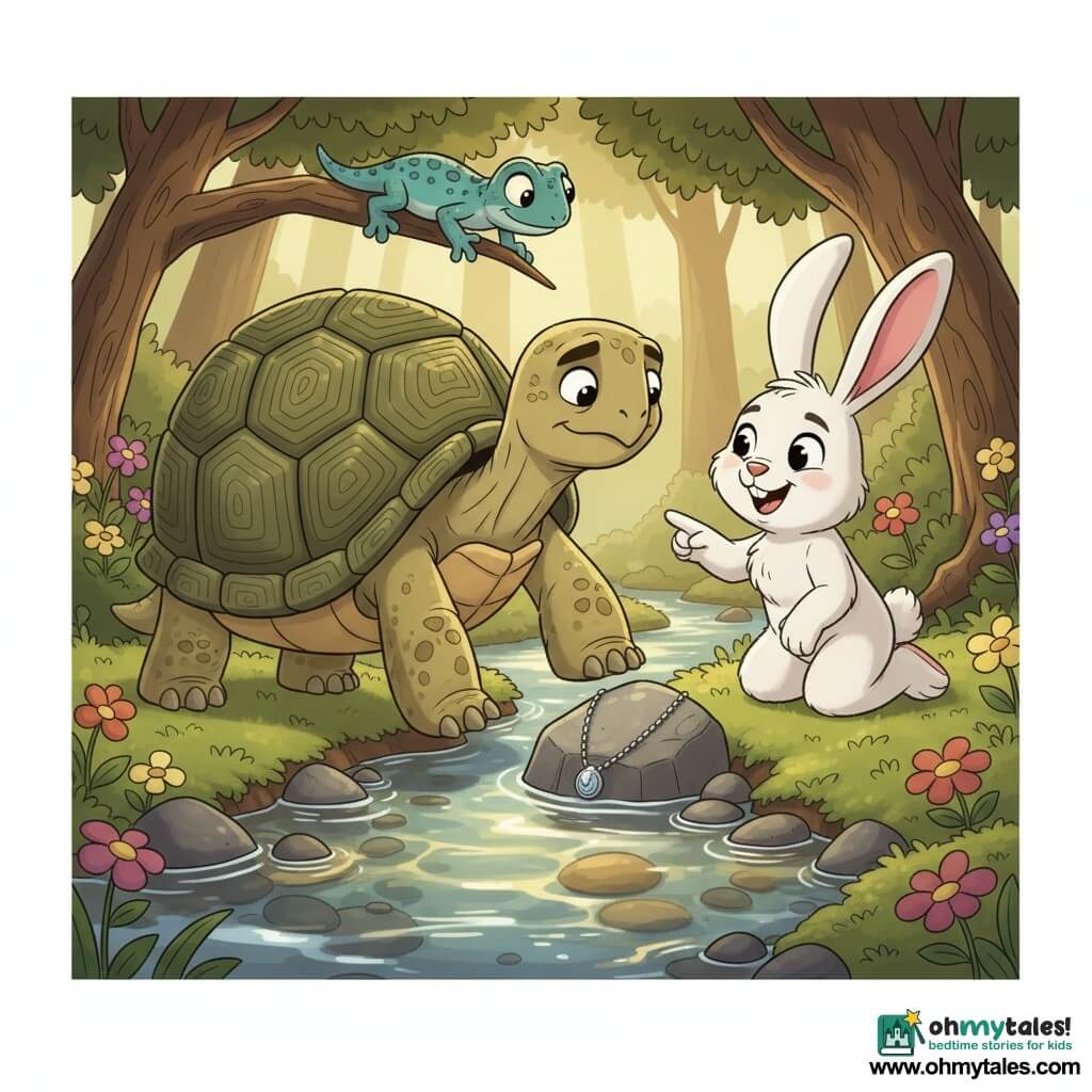 A turtle as the main character, with a green scaly shell and light brown body, wears a focused serene expression and reaches toward a rock to retrieve a partially hidden silver necklace; a fluffy white rabbit named Ruby with large pink ears kneels beside the turtle, relieved and joyful, pointing at the necklace with a paw; a small green-blue spotted gecko perches on a low branch above, watching curiously; the setting is a clear stream with smooth pebbles, mossy banks, colorful rounded flowers and rough-trunked trees surrounding the glade, sunlit and peaceful; central composition on the turtle and rabbit, warm colors, soft textures, 2D cartoon style with clean lines and readable expressions for children.