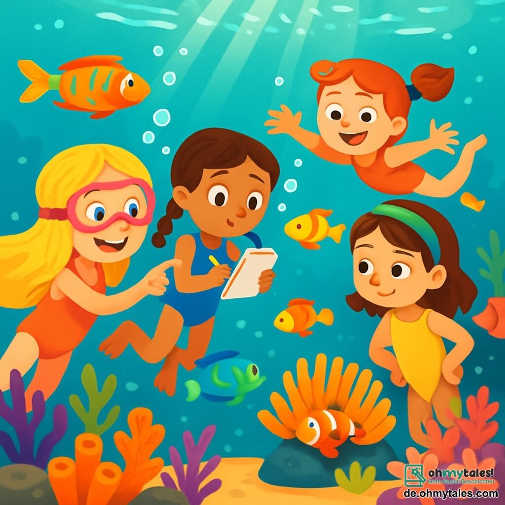 Es gibt vier Kinder: Leni: ein 7-jähriges Mädchen mit langen blonden Haaren und einer rosa Taucherbrille. Sie lächelt fröhlich und zeigt auf einen bunten Fisch, der neben ihr schwimmt. Mila: ein 7-jähriges Mädchen mit braunen geflochtenen Haaren und einem blauen Badeanzug. Sie macht Notizen in einem kleinen Unterwasserheft, mit weit aufgerissenen Augen vor Staunen. Frieda: ein 7-jähriges Mädchen mit roten geflochtenen Haaren, das begeistert schwimmt, die Arme weit ausgebreitet, als wollte sie einen Fisch fangen. Jonna: ein 7-jähriges Mädchen mit kastanienbraunen Haaren und einem grünen Haarband. Sie schaut fasziniert auf eine große Anemone, die Hände in die Hüften gestützt. Der Ort ist ein wunderschönes Korallenriff, gefüllt mit bunten, astähnlichen und blumenartigen Korallen. Bunte Fische schwimmen um sie herum, während Sonnenstrahlen durch das klare Wasser filtern und glitzernde Reflexionen auf dem goldenen Sandboden erzeugen. Die Hauptsituation zeigt die vier Freundinnen, die das Riff erkunden und von den Meeresbewohnern begeistert sind. Sie schwimmen zusammen und entdecken einen Clownfisch, der in einer Anemone versteckt ist, während eine kleine Schildkröte sie neugierig von einem Felsen aus beobachtet.