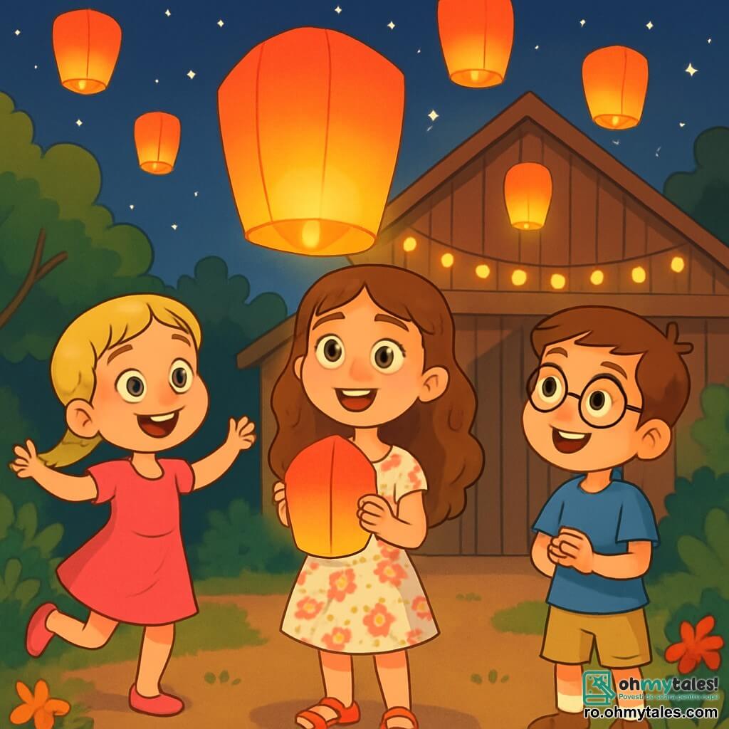 O fată de 10 ani, Mara, cu părul castaniu lung și ondulat și ochi verzi strălucitori, zâmbește cu uimire ținând în mâini un lampion colorat. Poartă o rochie ușoară cu flori și sandale, stând în centrul imaginii, înconjurată de o lumină blândă și caldă. La dreapta ei, Andrei, un băiat de 10 ani cu părul scurt și ochelari rotunzi, observă lampionul cu fascinație, având un zâmbet larg pe față. Poartă un tricou albastru și o pereche de pantaloni scurți bej. La stânga, Ioana, o fată de 9 ani cu părul blond împletit și ochi albaștri, dansează fericită, îmbrăcată într-o rochie roz aprins, așteptând ca lampionul să zboare. Scena se desfășoară într-o frumoasă hambar din lemn, decorată cu ghirlande luminoase, sub un cer înstelat, unde lampioane multicolore plutesc ușor în aerul nocturn. Florile și copacii din jur adaugă o notă de magie atmosferei. Mara, Andrei și Ioana sărbătoresc împreună un festival al lampioanelor, râzând și împărtășind dorințe, creând o atmosferă festivă și veselă, plină de lumină și prietenie.