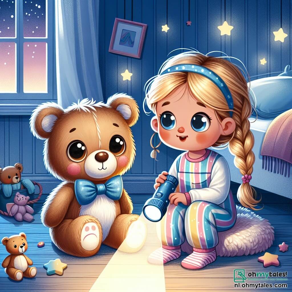 In het midden van de afbeelding zit een kleine teddybeer genaamd Bram, met een zachte, bruine vacht en een schattige blauwe strik. Hij heeft grote ronde ogen en kijkt met een beetje angst om zich heen, terwijl hij op een zacht kussen in een hoek van de kamer zit. Naast hem staat een klein meisje genaamd Emma, met blonde vlechten en een geruststellende glimlach, die een zaklamp vasthoudt die hun omgeving zachtjes verlicht. Ze draagt een gestreepte pyjama en lijkt blij, terwijl ze Bram aanmoedigt om het mysterie van de nacht te verkennen. De scène speelt zich af in een warme kamer, met pastelblauwe muren, glinsterende sterren aan het plafond en speelgoed verspreid over de vloer. Op de achtergrond is een groot bed met zachte dekens zichtbaar en een open raam onthult een sterrenhemel. Bram en Emma verkennen de schaduwen die op de muren dansen, waarbij hun angst verandert in nieuwsgierigheid en verwondering.