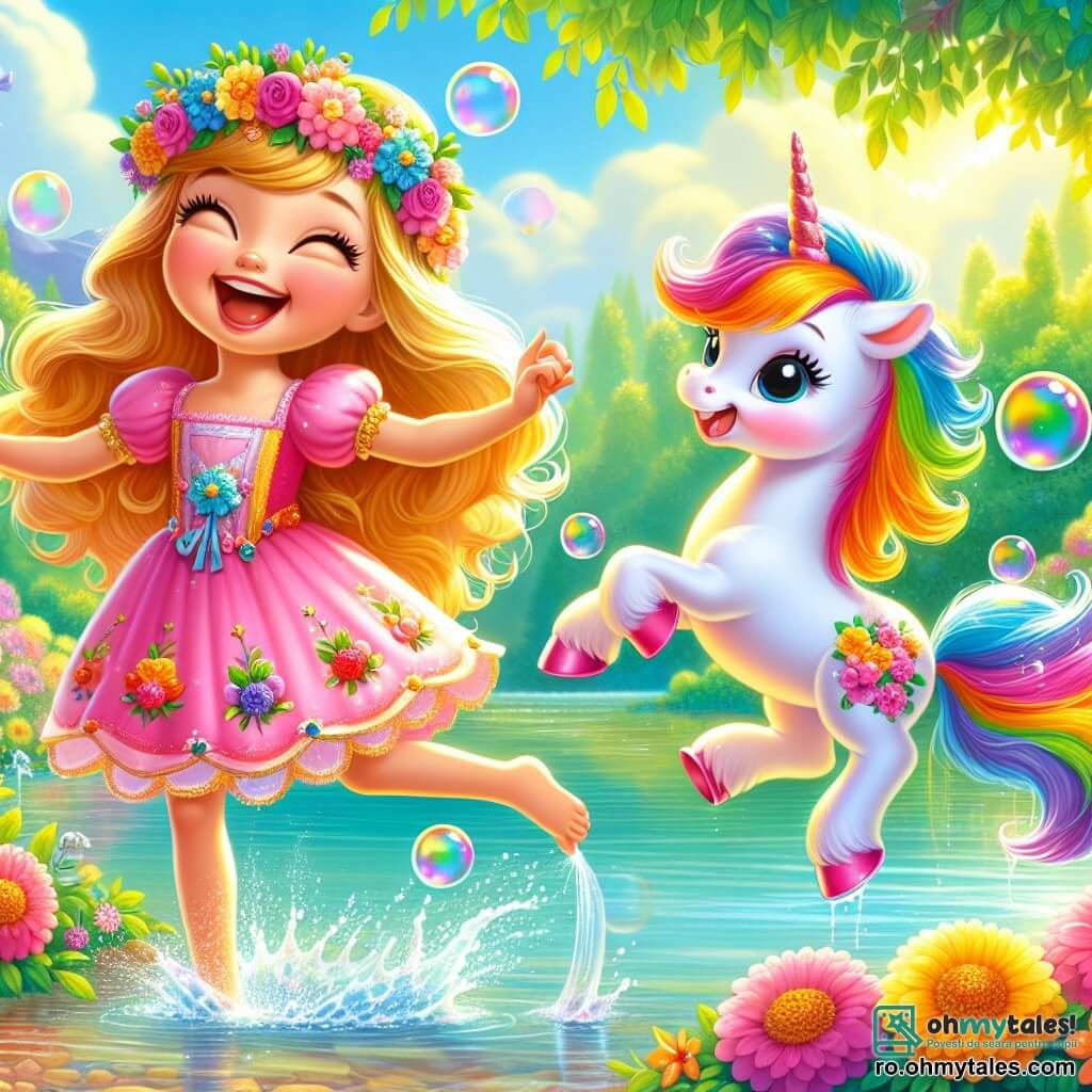 Prințesa Lala, o fetiță de aproximativ 8 ani, are părul lung și auriu care strălucește în soare și poartă o rochie roz împodobită cu flori colorate. Are un zâmbet mare pe față, exprimând bucurie și entuziasm, în timp ce sare în apa lacului cristalin. Lângă ea, Zâna, o unicorniță colorată cu o coamă în culorile curcubeului, face bule de săpun cu cornul ei strălucitor. Se pare că este veselă și jucăușă, stând puțin înapoi, pregătită să sară în apă. Lacul este înconjurat de flori strălucitoare și copaci verzi, cu raze de soare care filtrează printre frunze, creând o atmosferă magică. Bulele de săpun plutesc în aer, adăugând o notă de feerie scenei. Lala și Zâna se distrează în apă, râzând și stropind, în timp ce o mică bulă de apă se ridică în jurul bucuriei lor contagioase.
