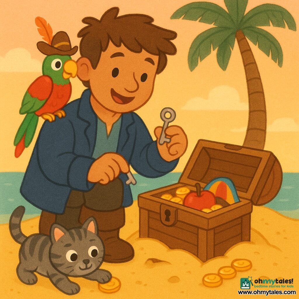 A smiling, brave man, Captain Ben, with tousled brown hair and a simple navy jacket holds a small silver key in his right hand as he looks at a small wooden box on the sand; a parrot named Pip with bright green and red plumage and a mischievous look perches on Ben’s right shoulder wearing a small silly feathered hat; a gray tabby cat named Mops with curious round eyes plays with a gold coin beside Ben’s boots; setting: a tiny tropical island with a single crooked palm, warm yellow sand, calm turquoise sea and soft orange sunset sky; main scene: Ben opens the box with the key to reveal shiny coins, a red apple and a colorful hat, joyful mood, vivid colors, rounded shapes and simple soft outlines.