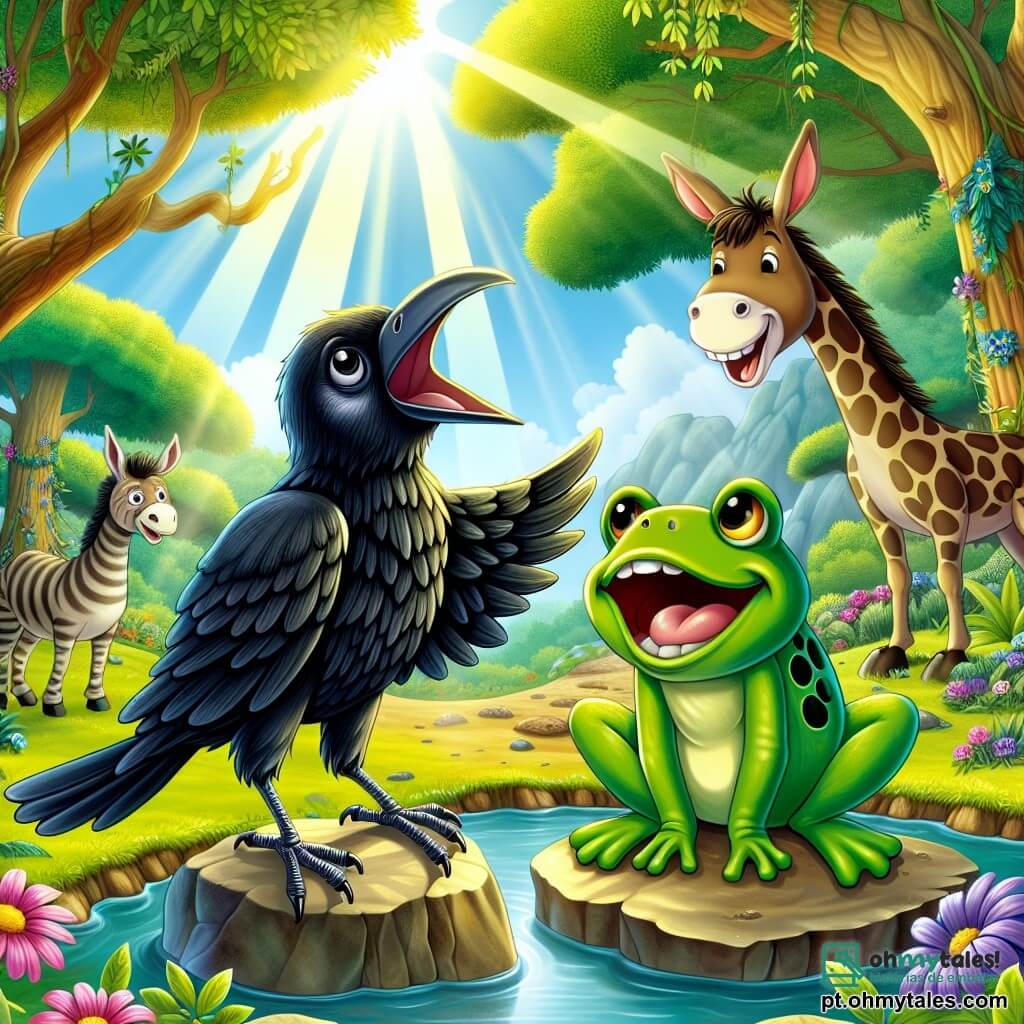 Um corvo chamado Caro, com penas pretas brilhantes e olhos curiosos, imita um sapo com um grande sorriso. Ao lado dele, um sapo verde vibrante, com olhos grandes e sorriso largo, aplaude alegremente, sentado em uma pedra à beira de um pequeno lago. Ao fundo, uma girafa chamada Gigi, com seu longo pescoço e manchas douradas, ri, enquanto um burro chamado Beto, com orelhas grandes e olhos travessos, ri à distância. A cena acontece em uma floresta encantada, com árvores altas e verdes, flores coloridas e raios de sol filtrando pelas folhas. Caro diverte todos os animais ao seu redor, criando uma atmosfera alegre e festiva.