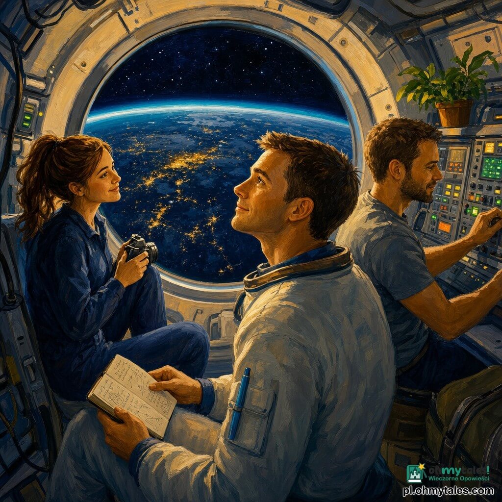 Mężczyzna-astronauta około trzydziestki o łagodnej twarzy i krótkich brązowych włosach patrzy przez duży wypukły właz na Ziemię, spokojny i zachwycony, trzyma otwarty notatnik z zapisanymi stronami, a niebieski długopis jest przymocowany do skafandra; obok po lewej siedzi Ania, około 28 lat, kasztanowe włosy w kucyku, delikatnie się uśmiecha trzymając małą kamerę; po prawej Marek, około 32 lat, lekki zarost, szare t‑shirt, reguluje panel przyrządów skupiony i spokojny; wnętrze kabiny metaliczne i przytulne — kremowe ściany, szare panele, zielone i pomarańczowe świecące przyciski, uporządkowane przewody i mała doniczkowa roślina; przez właz widać nocną Ziemię w głębokim granatowym kolorze z żółto oświetlonymi miastami i cienką turkusową linią atmosfery; scena pokazuje wspólny, spokojny moment po misji, postaci blisko siebie, miękkie światło z włazu rzucające długie cienie i refleksy na notatniku i twarzach; styl: malarstwo akrylowe z widocznymi pociągnięciami pędzla, nasycone kolory, grube faktury farby, magiczna i pocieszająca atmosfera.