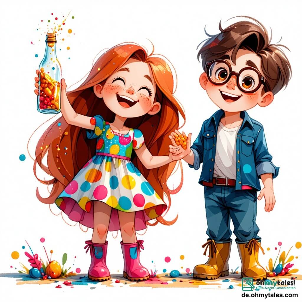 Ein 7-jähriges Mädchen, Lili, mit langen, leuchtend roten Haaren und Sommersprossen, lächelt fröhlich, während sie ein kleines, glitzerndes Fläschchen voller Lachen hält. Sie trägt ein buntes gepunktetes Kleid und Gummistiefel und steht strahlend in der Mitte des Bildes. Neben ihr schaut Max, ein 8-jähriger Junge mit runden Brillen und zerzausten braunen Haaren, mit weit aufgerissenen Augen auf das Fläschchen und hält ein altes Witzbuch in den Händen. Etwas weiter hinten lacht Mia, ein 7-jähriges Mädchen mit geflochtenen blonden Haaren und einem rosa Kleid, sich vor Lachen mit den Händen auf dem Bauch nach vorne beugend. 

Die Szene spielt im Dorf Plumpshausen, wo die bunten, schiefen Häuser von strahlenden Blumen und großen, tanzenden Bäumen umgeben sind. Der Himmel ist blau mit einigen flauschigen Wolken, und Vögel fliegen fröhlich darüber hinweg.

Die Hauptsituation zeigt Lili, Max und Mia, die ihren Sieg feiern, nachdem sie das Fläschchen mit dem gestohlenen Lachen der Dorfbewohner gefunden haben, umgeben von Licht und Freude, während Lachen wie Seifenblasen um sie herum schwebt.