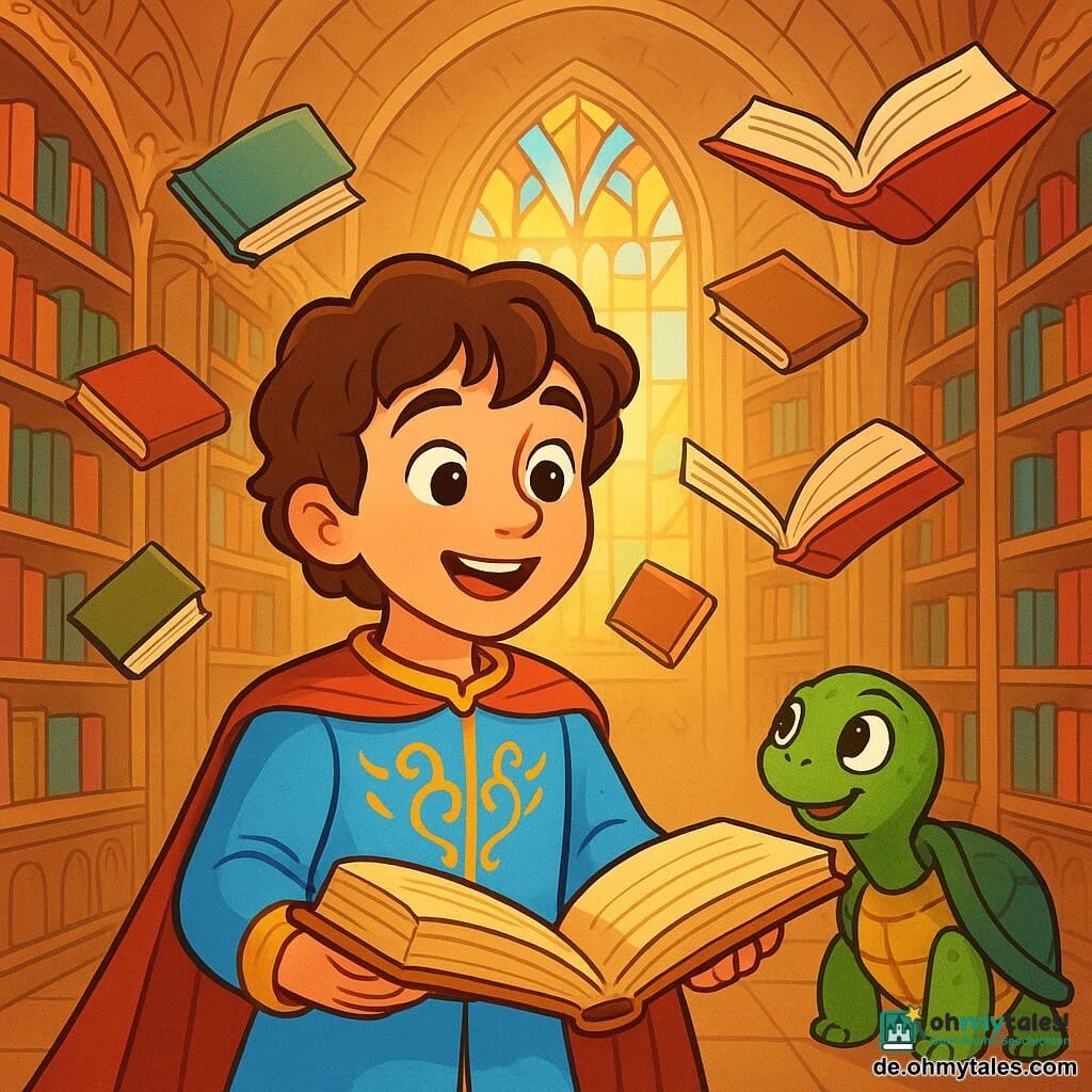 Ein Prinz namens Emil, etwa 10 Jahre alt, steht im Zentrum einer großen Bibliothek, seine Augen leuchten vor Neugier und ein erstaunter Ausdruck liegt auf seinem Gesicht. Er trägt eine himmelblaue Tunika mit goldenen Mustern, und seine lockigen braunen Haare fallen leicht auf seine Stirn. Neben ihm beobachtet eine kleine Schildkröte namens Liora mit ihrem grünen Panzer und schelmischen Augen aufmerksam, als ob sie seine Aufregung teilt. Der Ort ist eine majestätische Bibliothek mit hohen gewölbten Decken, geschnitzten Holzregalen voller bunter Bücher und goldenen Lichtstrahlen, die durch große Buntglasfenster filtern und die Szene in eine warme, magische Atmosphäre tauchen. Die Hauptsituation zeigt Emil, der ein altes Buch mit goldenen Seiten entdeckt, während fliegende Bücher um ihn herum schweben, als würden sie in der Luft tanzen. Liora, die Schildkröte, schaut bewundernd zu und schafft eine Atmosphäre von Abenteuer und Entdeckung.