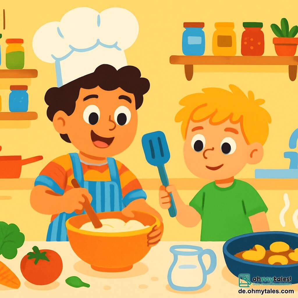 Ein junger Mann, Emil, mit einer großen weißen Kochmütze, lächelt fröhlich beim Kochen in einer lebhaften Küche. Er hat lockige braune Haare und trägt ein buntes Hemd unter seiner gestreiften Schürze. Seine Augen strahlen vor Aufregung, während er Zutaten in einer großen Schüssel mischt. Neben ihm hilft Max, ein 8-jähriger Junge mit zerzausten blonden Haaren, der einen Spatel hält. Er ist konzentriert und lächelt, seine Wangen leicht rot von der Anstrengung. Max trägt ein leuchtend grünes T-Shirt und blaue Hosen. Die Küche ist geräumig und hell, mit pastellgelben Wänden. Holzregale sind mit bunten Gläsern voller Gewürze und Zutaten gefüllt. Eine große Marmorarbeitsplatte ist mit frischem Gemüse, Obst und glänzendem Küchenzubehör bedeckt. Emil und Max bereiten ein köstliches Gericht zu, mit goldenen Äpfeln, die in einer großen Pfanne braten und einen süßen, würzigen Duft verströmen. Die Atmosphäre ist fröhlich und dynamisch, erfüllt von lebhaften Farben und Wärme.